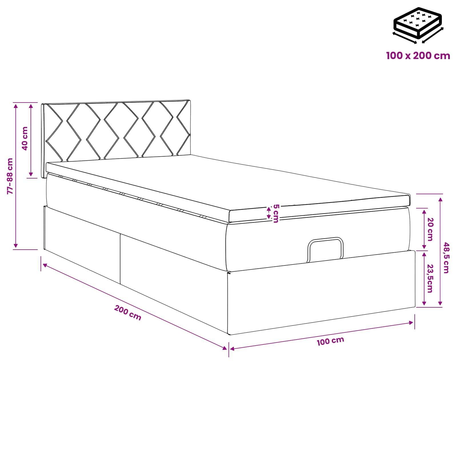 Lit ottoman avec matelas Noir 100 x 200 cm Tissu - XIOS