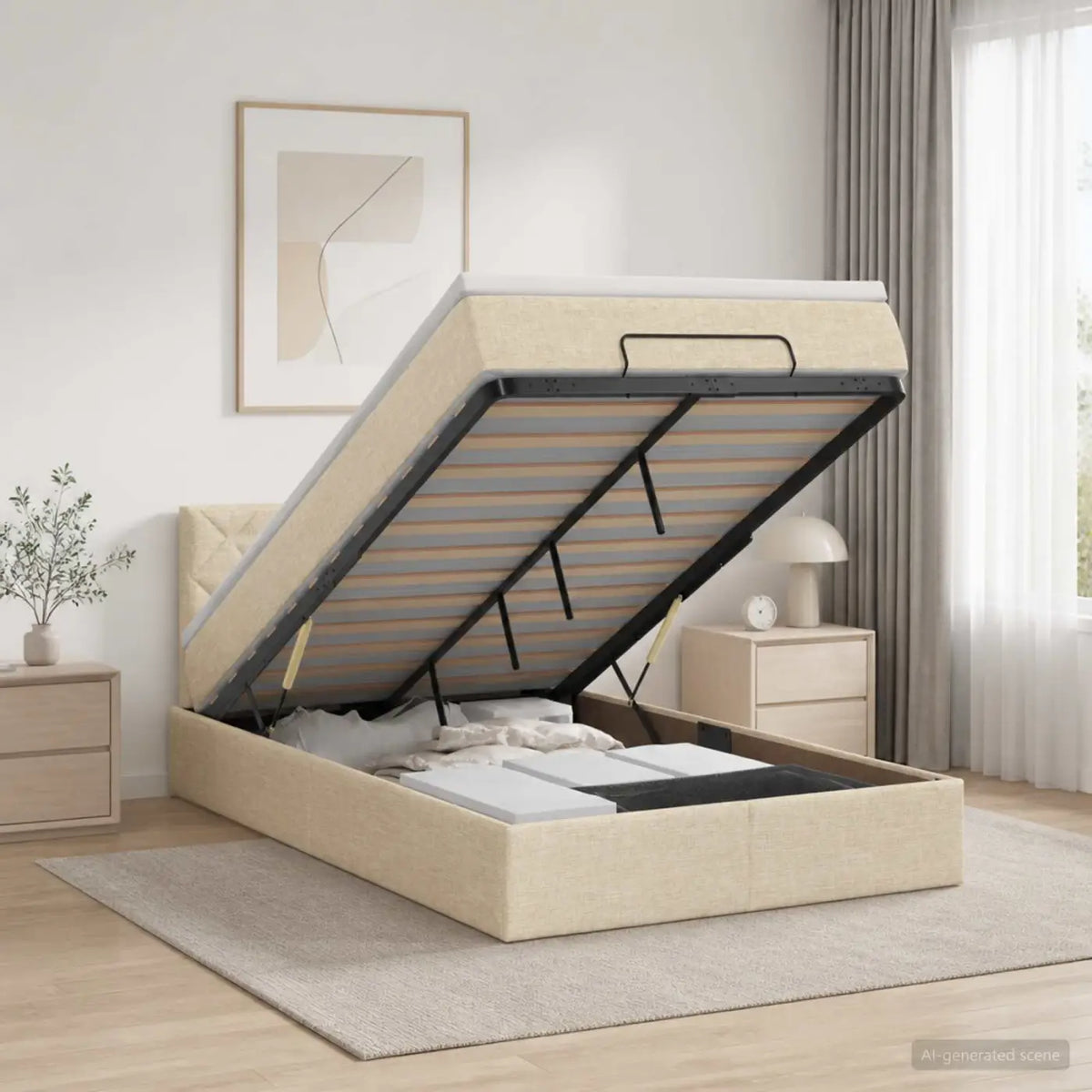 Lit coffre avec matelas et LED Crème 120 x 190 cm Tissu - XIOS