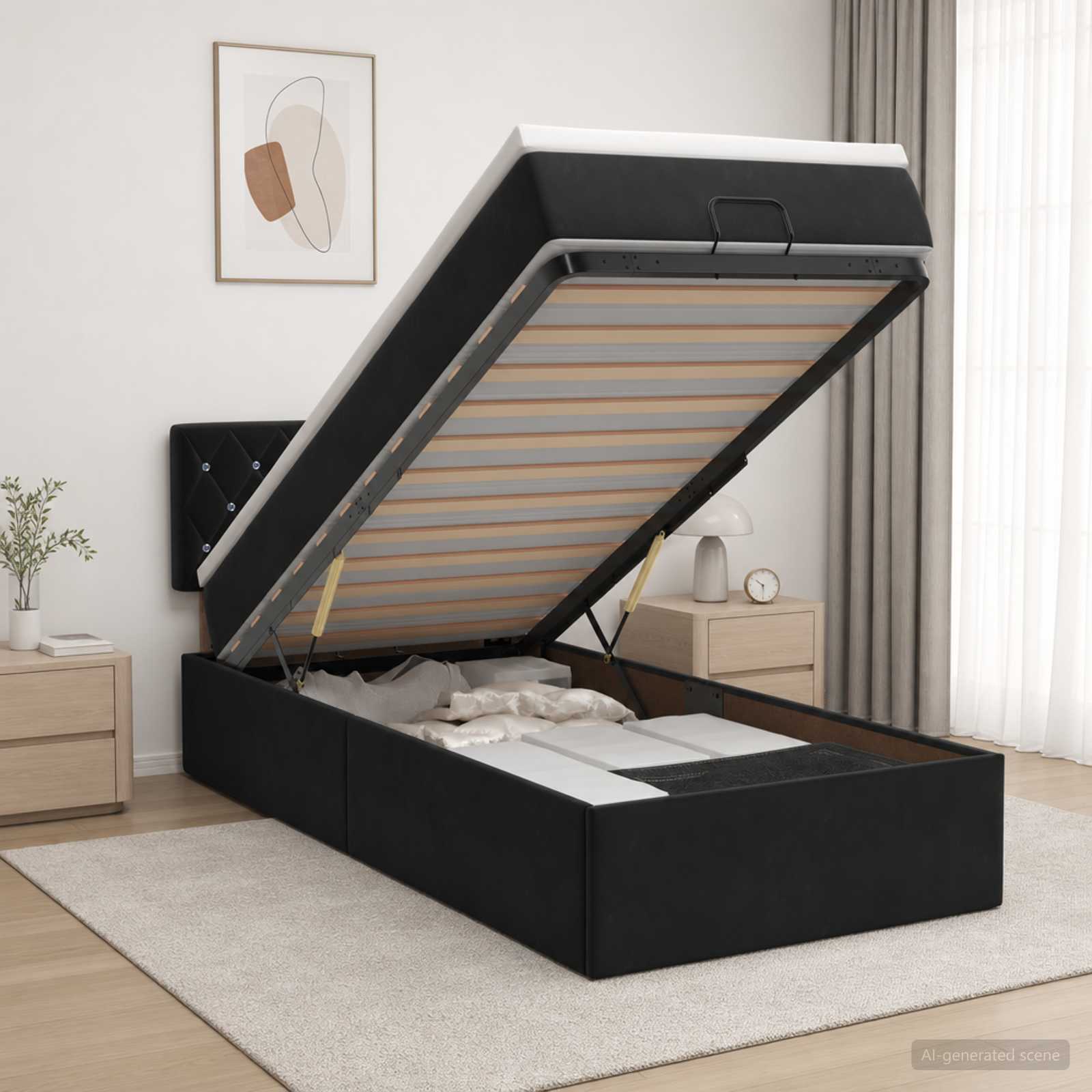 Lit ottoman avec matelas Noir 90 x 200 cm Velours