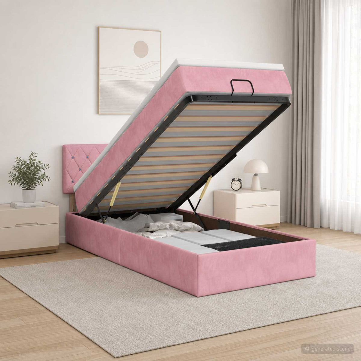 Lit coffre avec matelas et LED Rose 90 x 190 cm Velours
