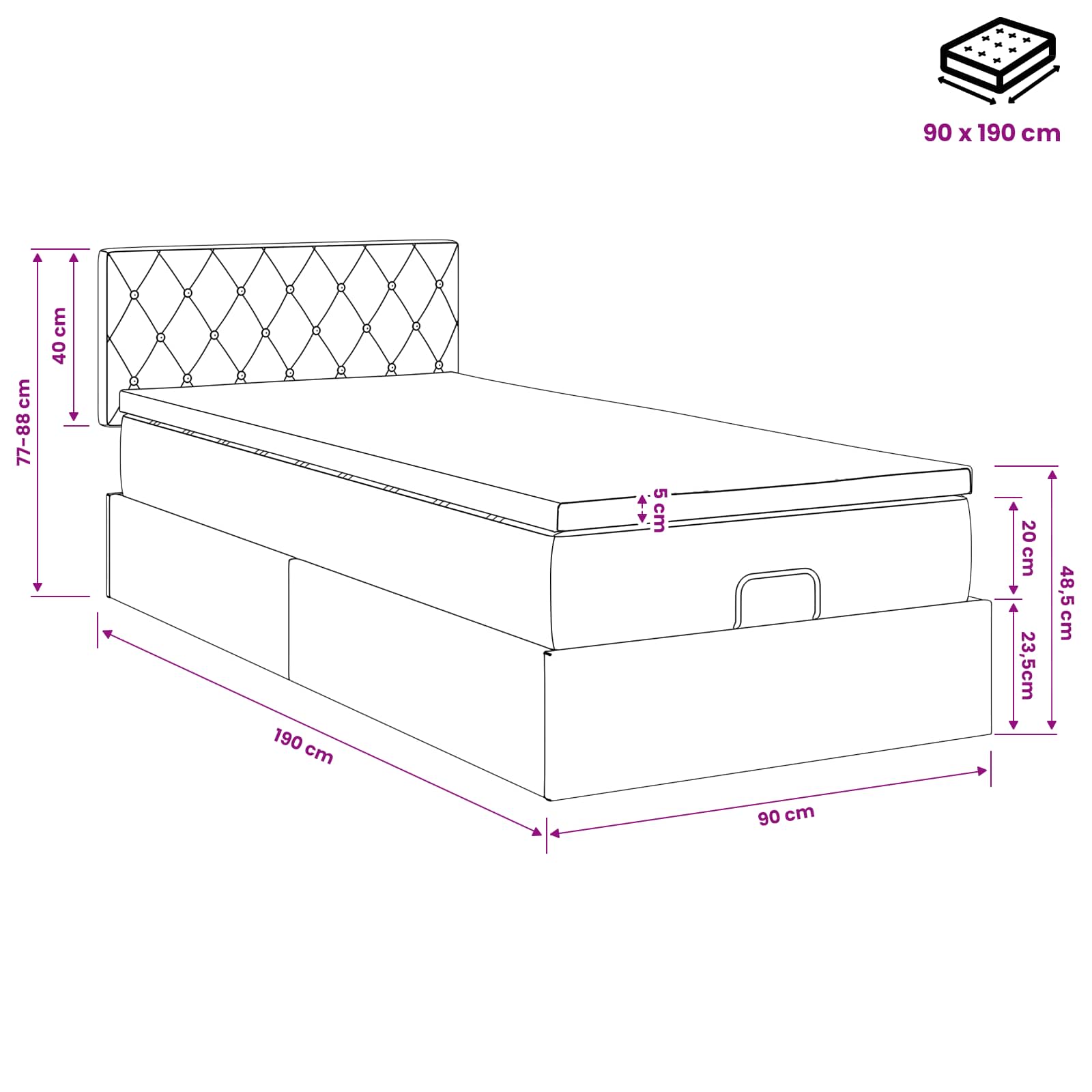 Lit ottoman avec matelas Noir 90 x 190 cm Velours