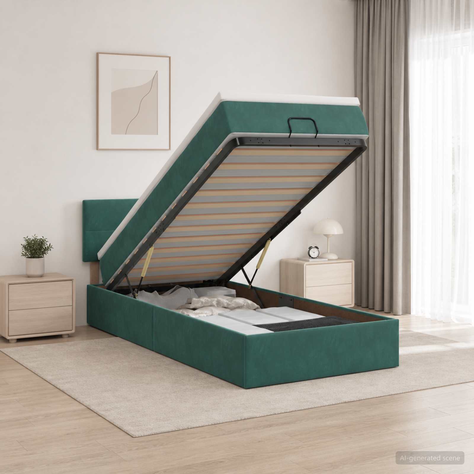Lit coffre avec matelas et LED Vert foncé 100 x 200 cm Velours