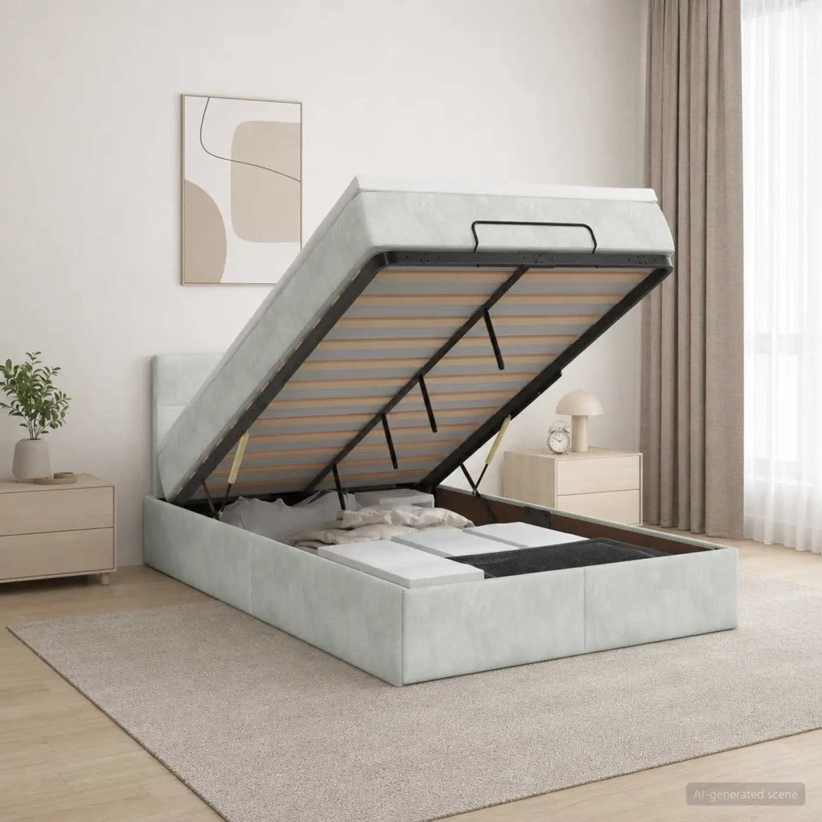 Lit coffre avec matelas et LED Gris clair 120 x 190 cm Velours - XIOS