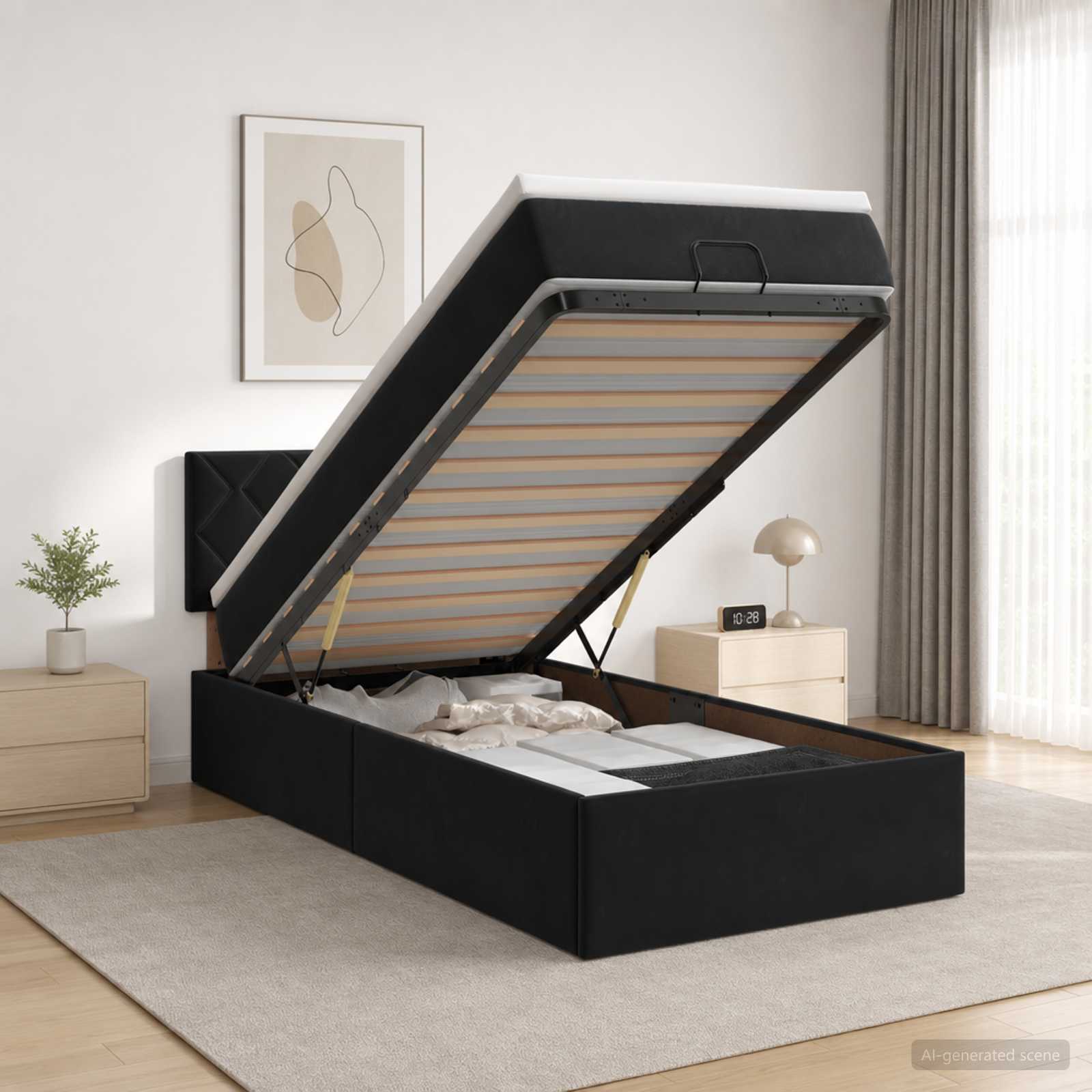 Lit ottoman avec matelas Noir 90 x 200 cm Velours