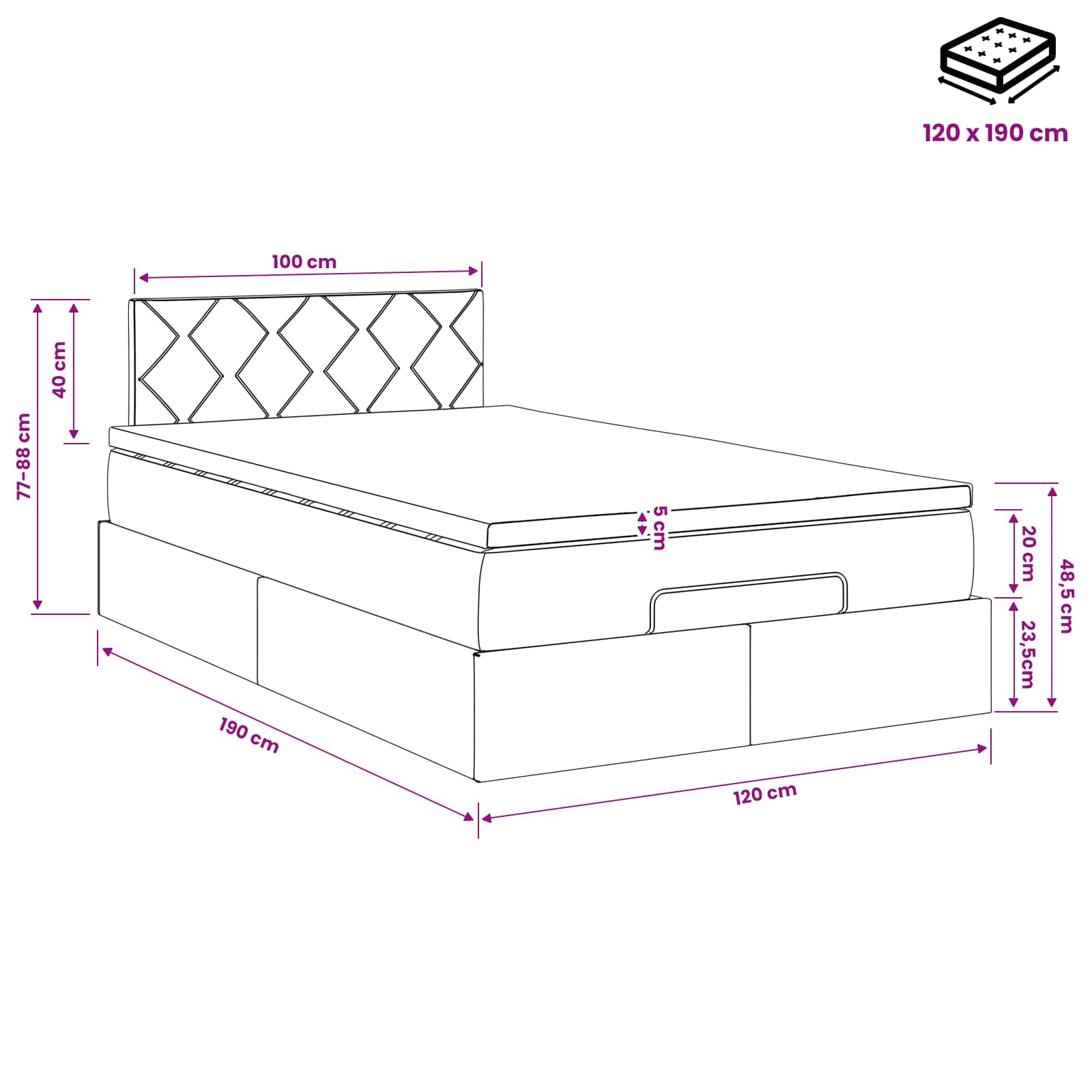 Lit ottoman avec matelas Noir 120 x 190 cm Velours