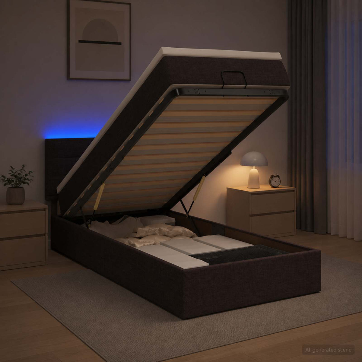 Lit coffre avec matelas et LED Marron foncé 100 x 200 cm Tissu