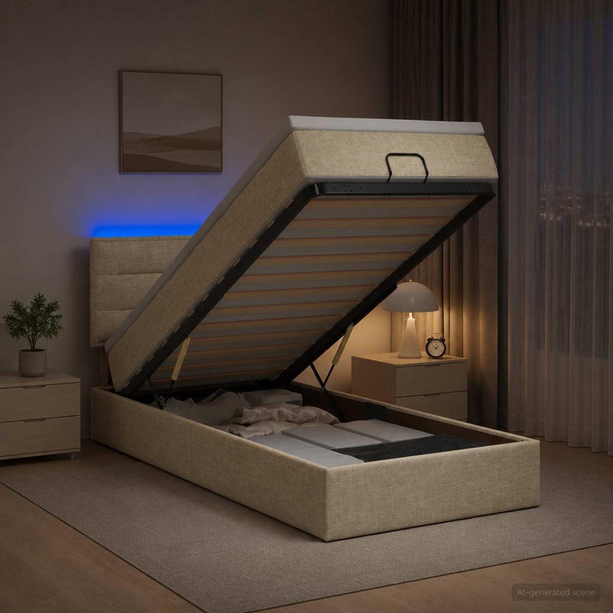 Lit coffre avec matelas et LED Crème 100 x 200 cm Tissu