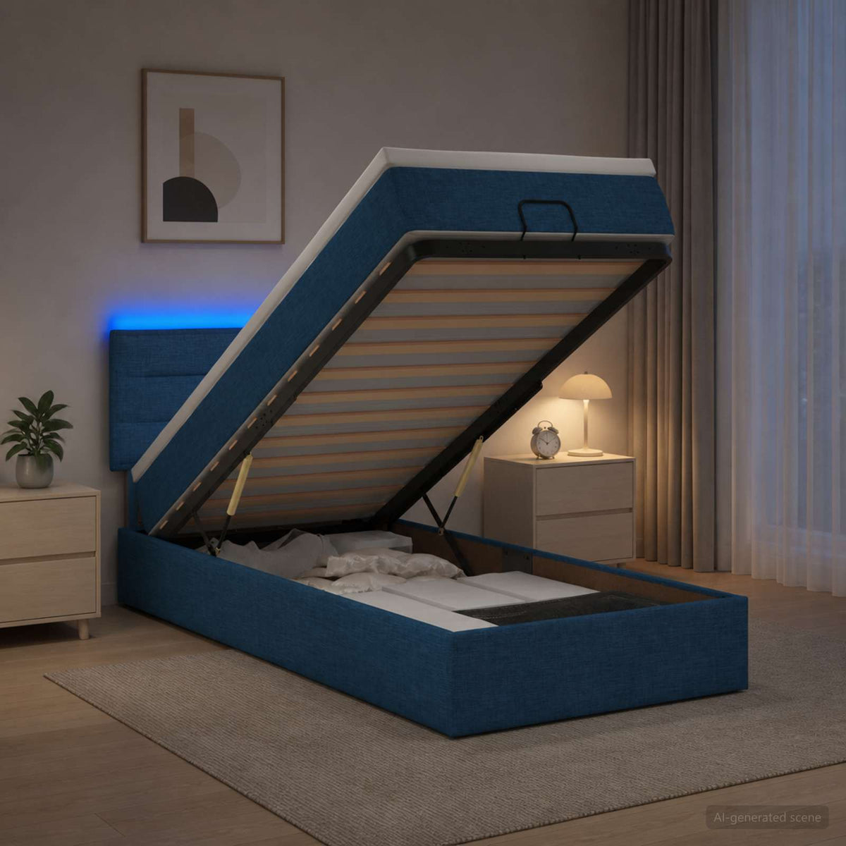 Lit coffre avec matelas et LED Bleu 100 x 200 cm Tissu