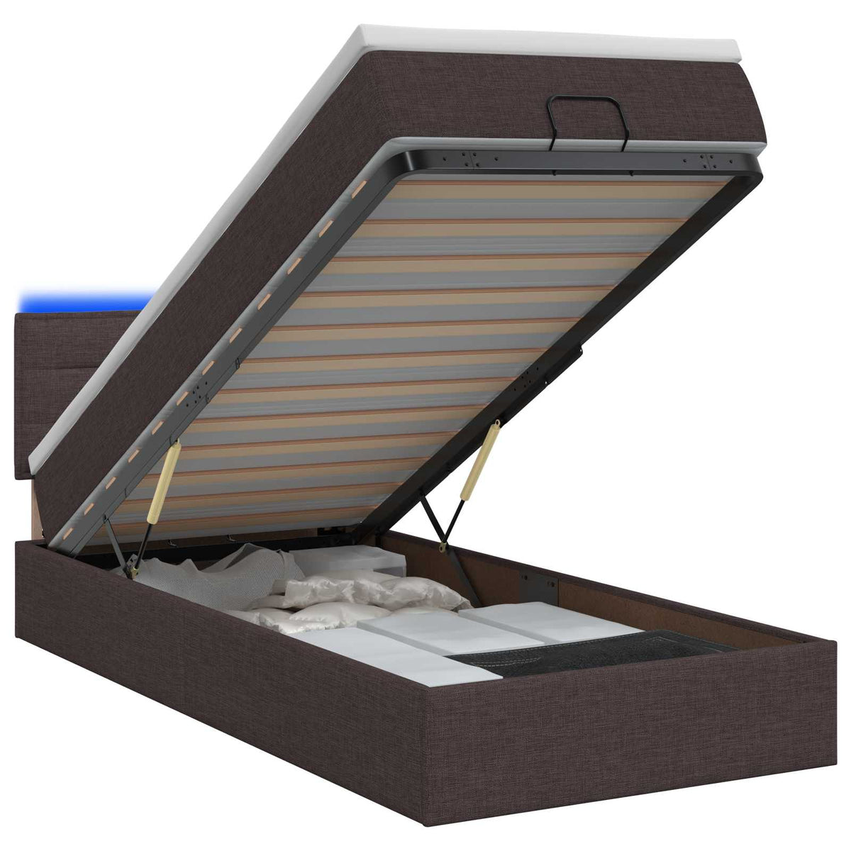 Lit coffre avec matelas et LED Marron foncé 100 x 200 cm Tissu