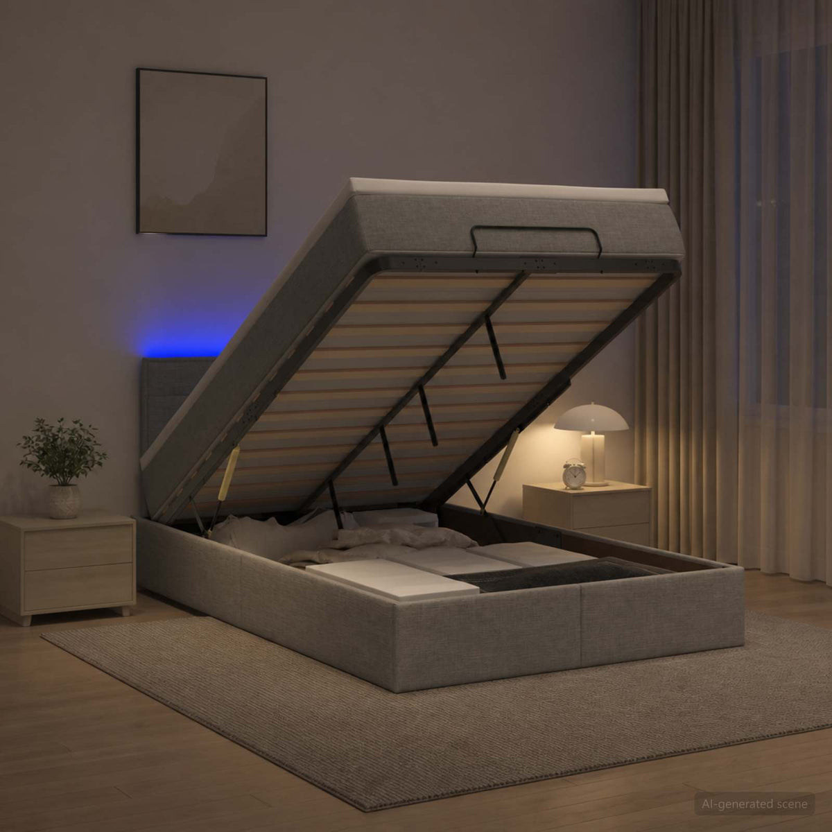 Lit coffre avec matelas et LED Gris clair 120 x 200 cm Tissu