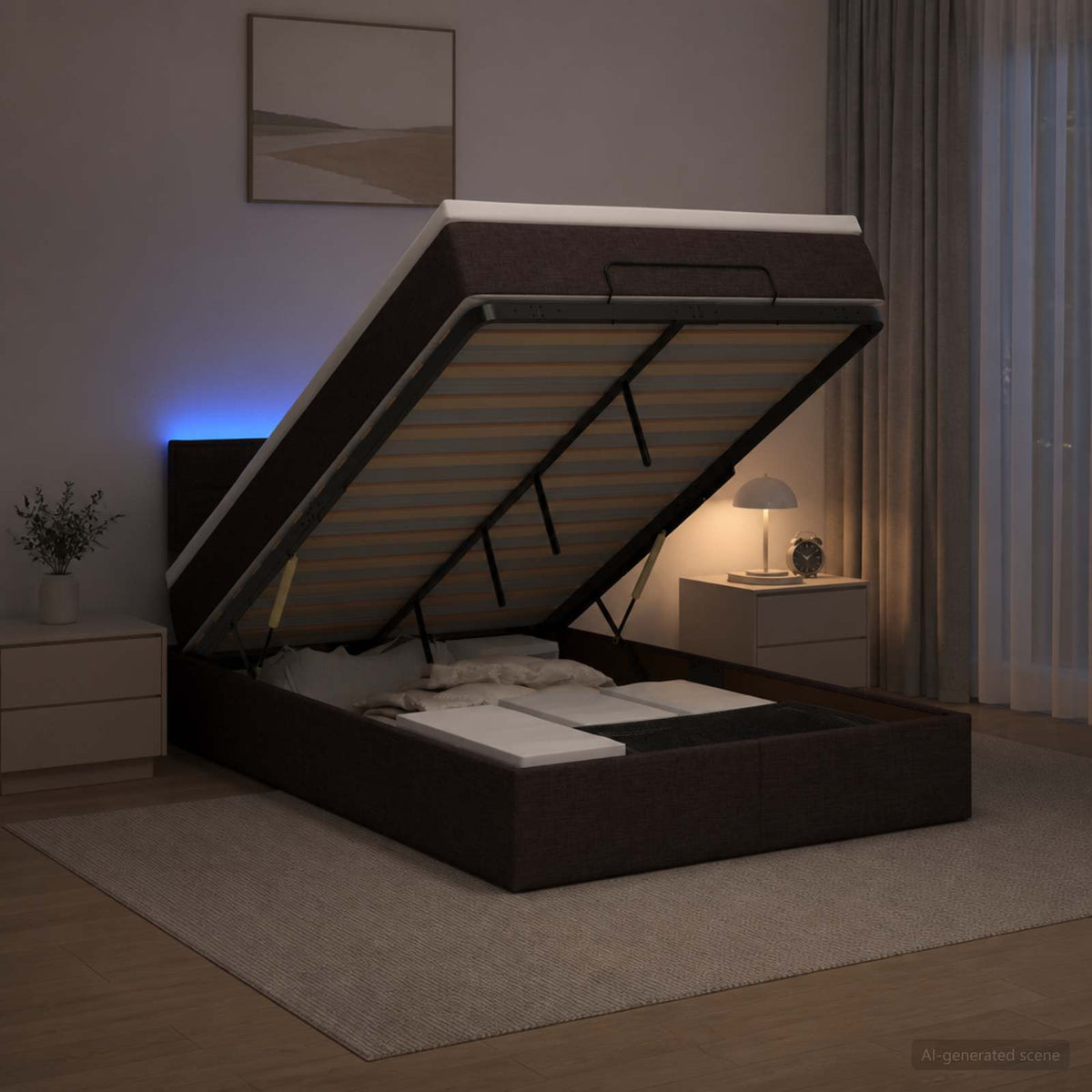 Lit coffre avec matelas et LED Marron foncé 120 x 200 cm Tissu