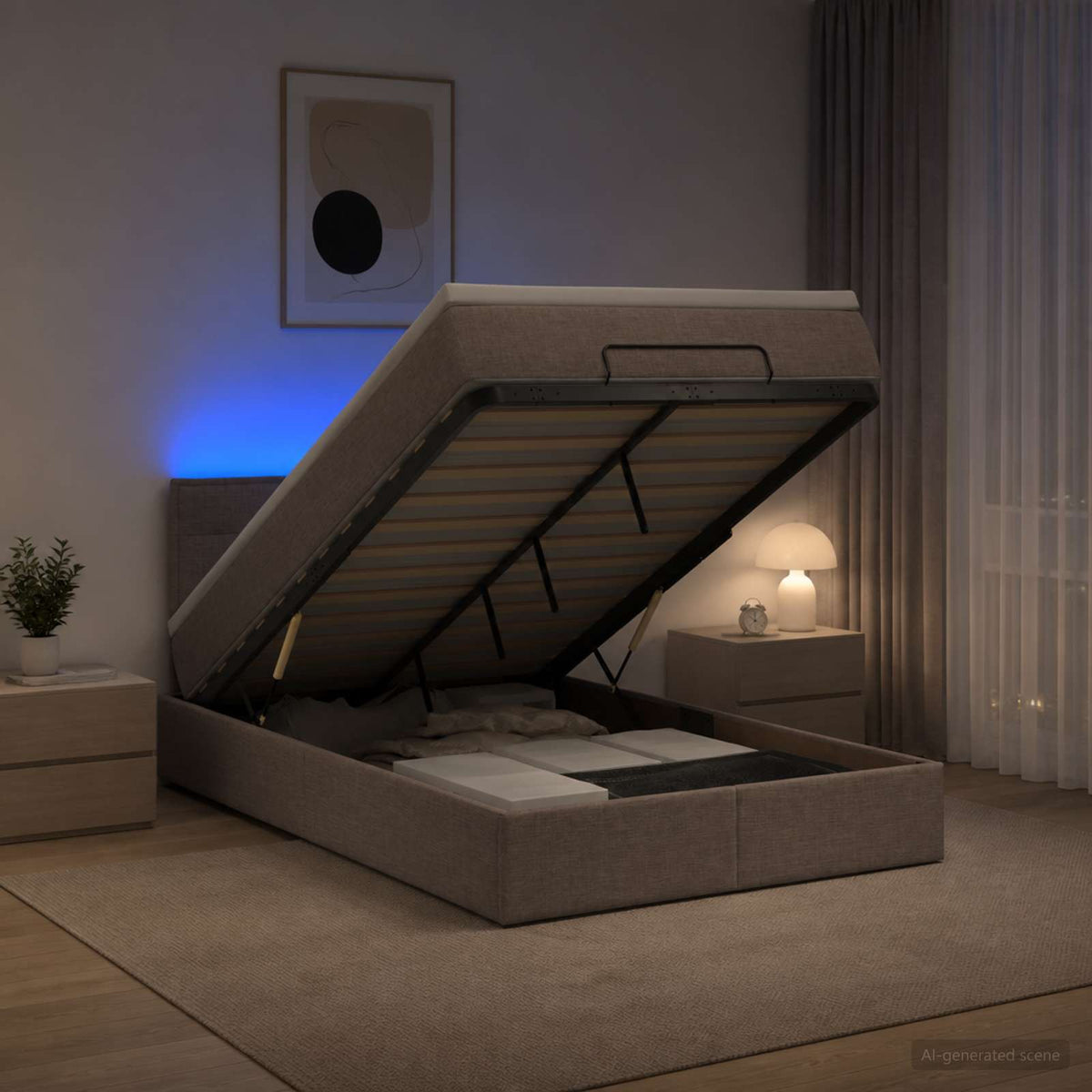 Lit coffre avec matelas et LED Taupe 120 x 190 cm Tissu