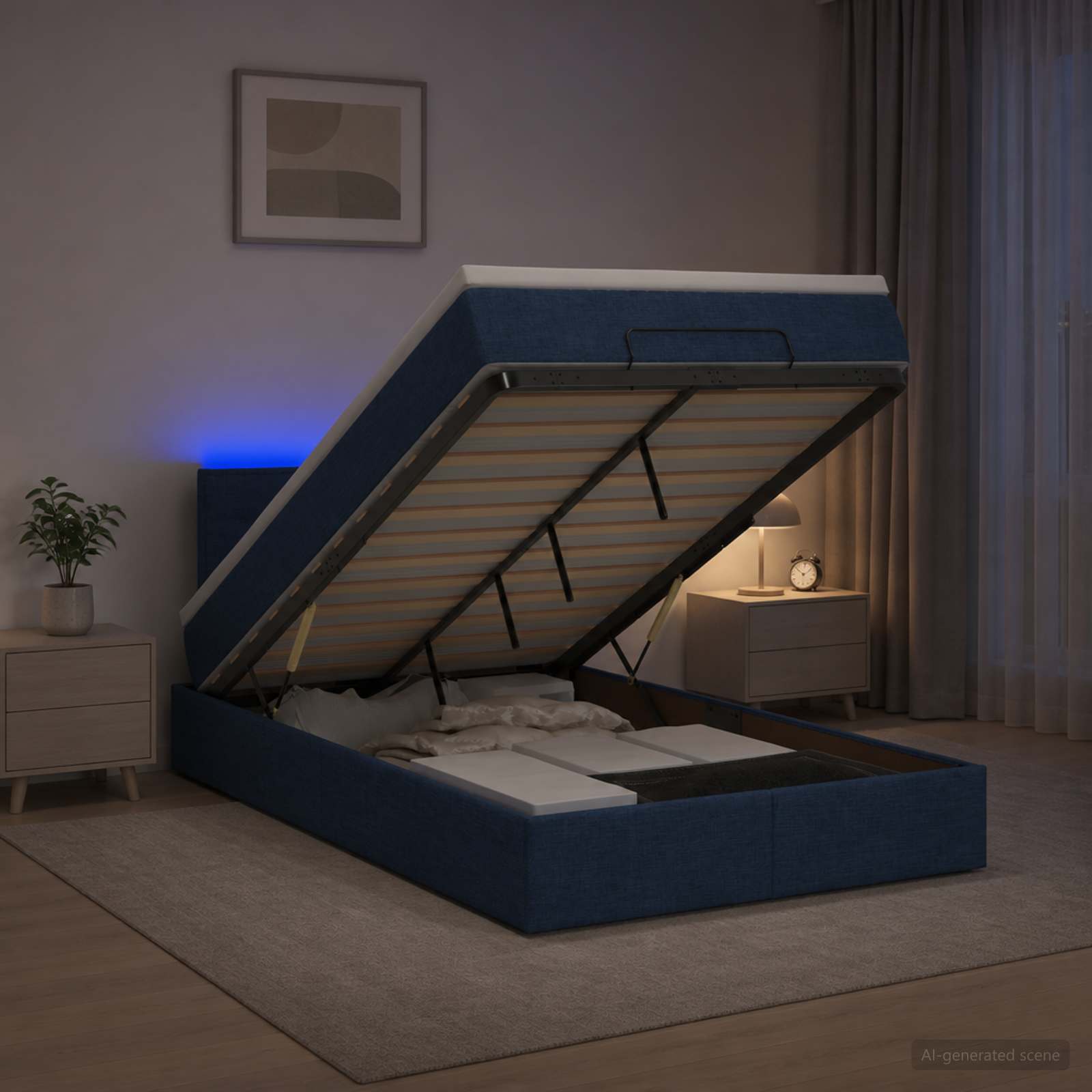 Lit coffre avec matelas et LED Bleu 120 x 190 cm Tissu