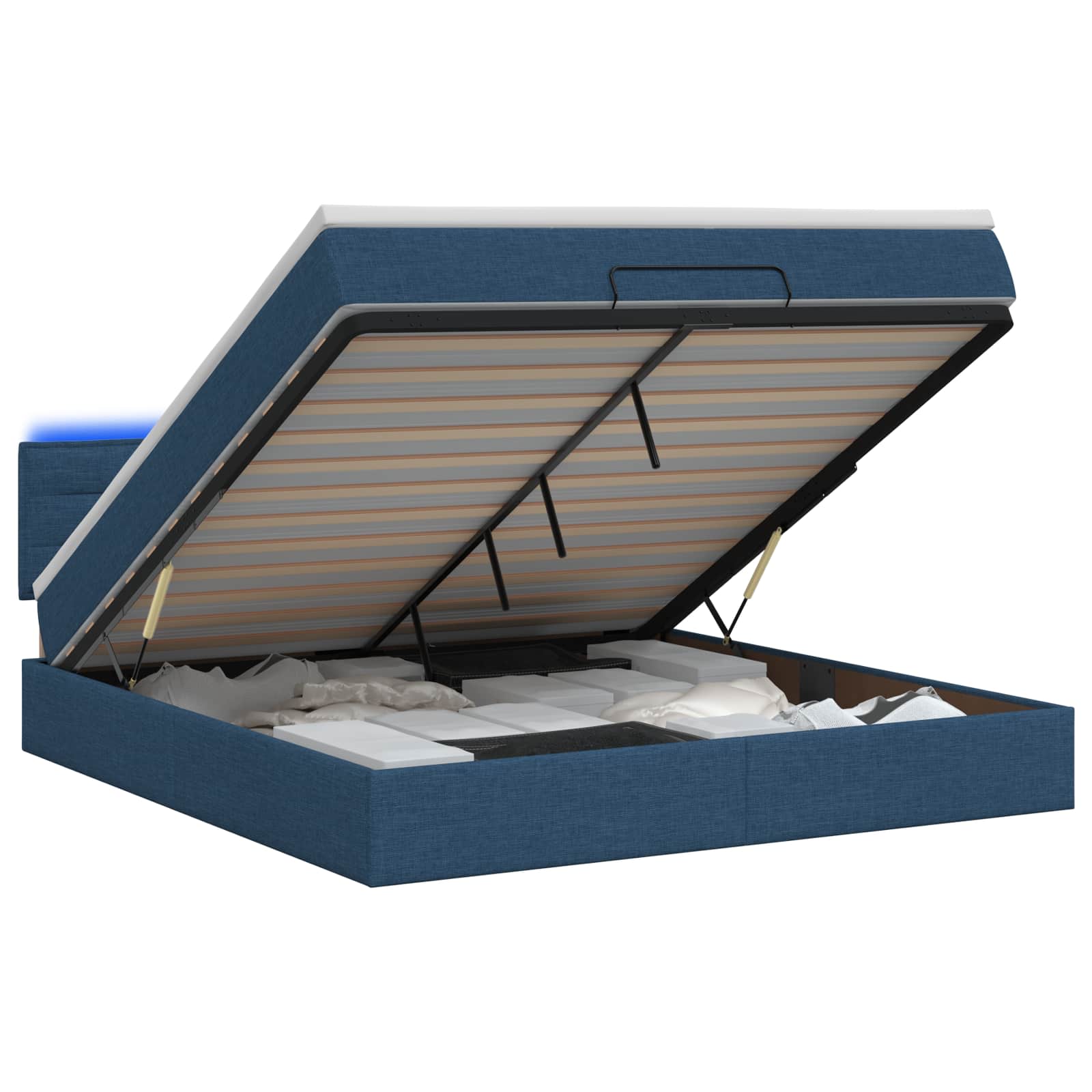 Lit coffre avec matelas et LED Bleu 140 x 190 cm Tissu