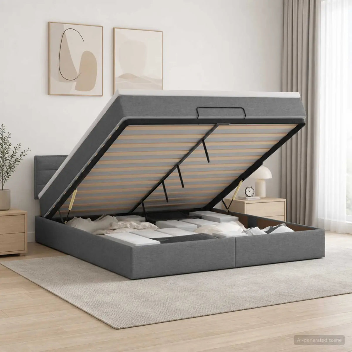 Lit coffre avec matelas et LED Gris foncé 140 x 200 cm Tissu - XIOS