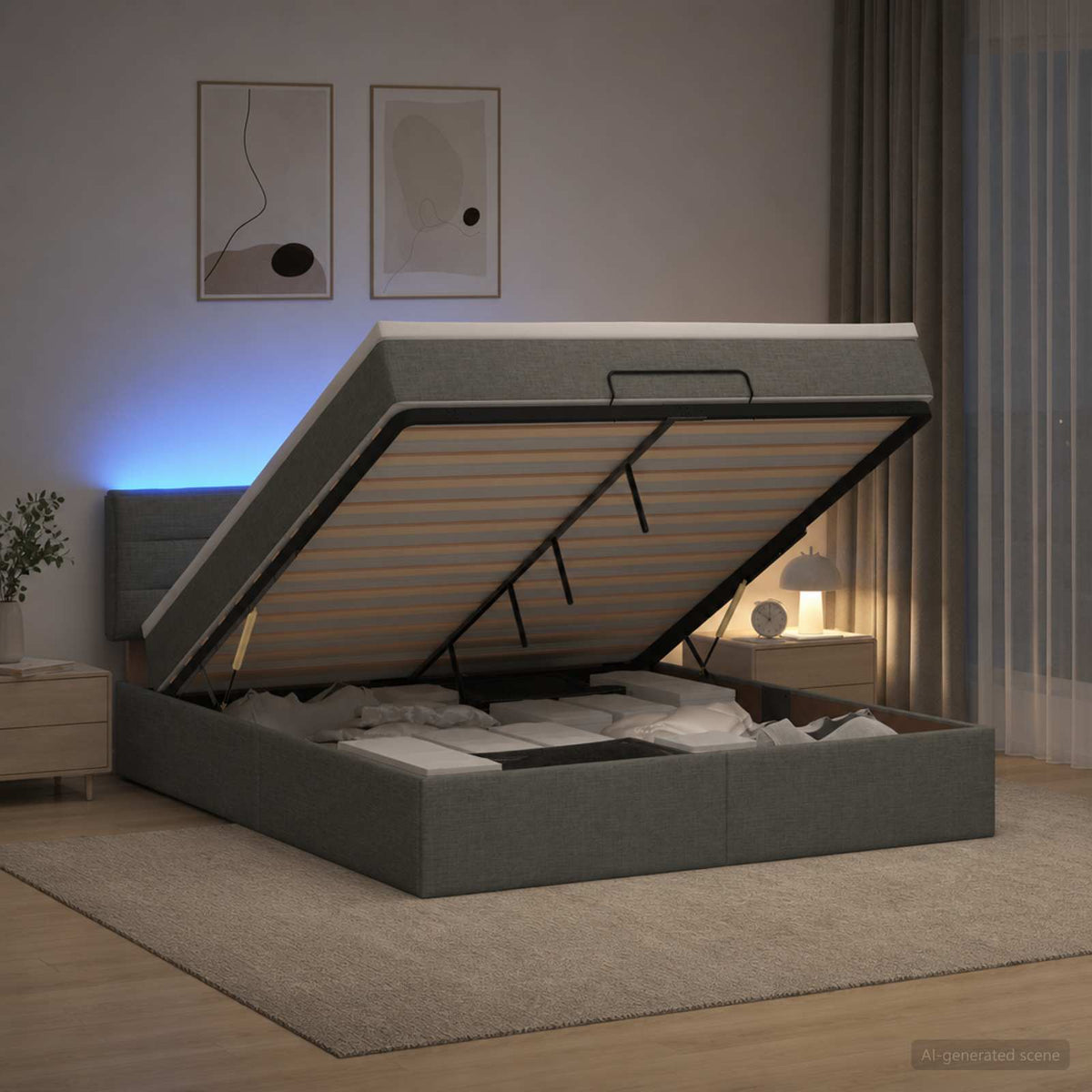Lit coffre avec matelas et LED Gris foncé 140 x 190 cm Tissu