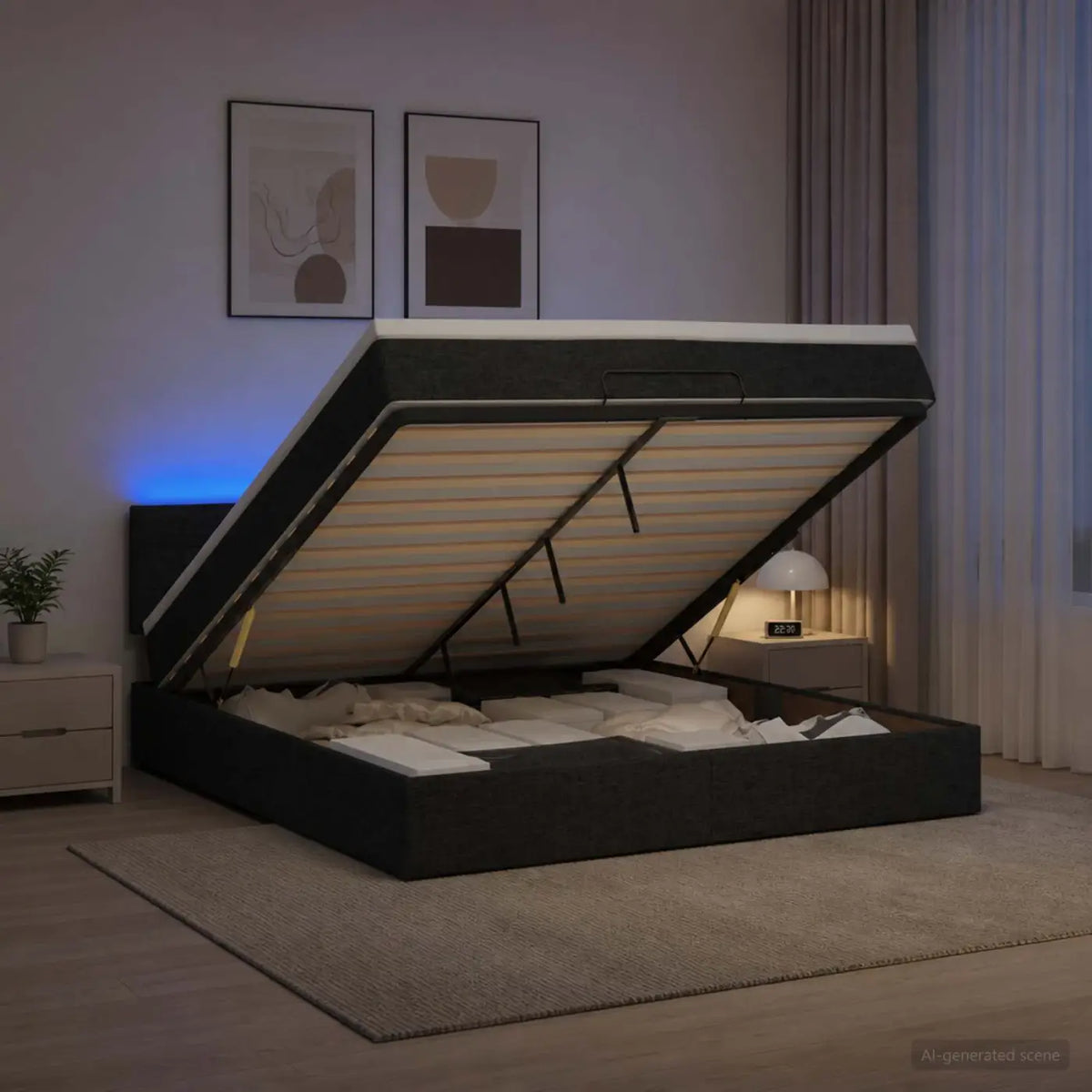 Lit coffre avec matelas et LED Noir 140 x 200 cm Tissu - XIOS