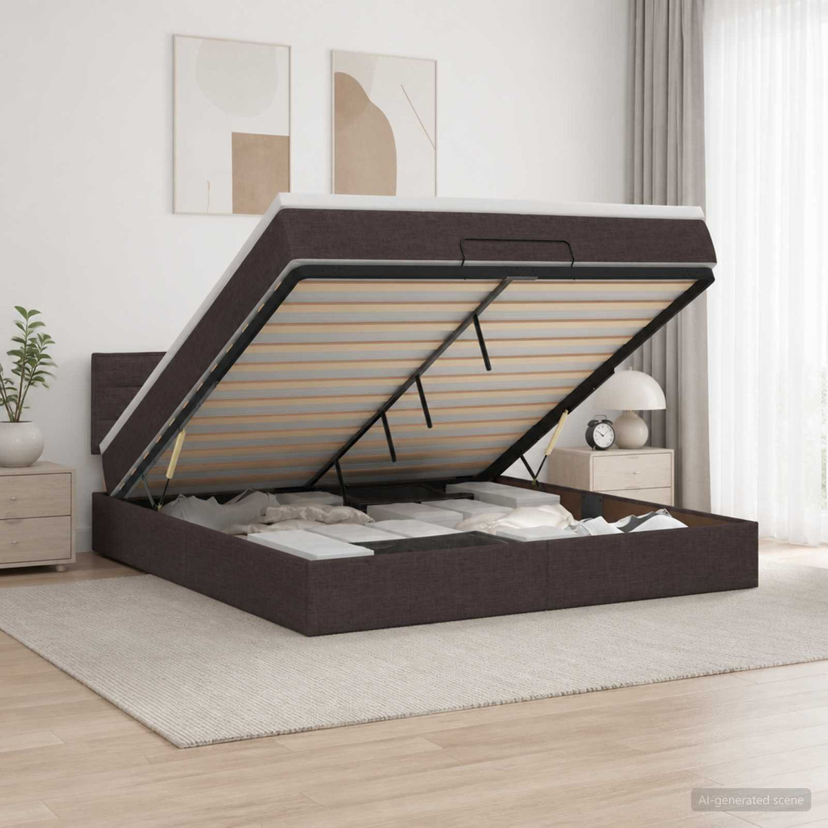 Lit coffre avec matelas et LED Marron foncé 140 x 190 cm Tissu