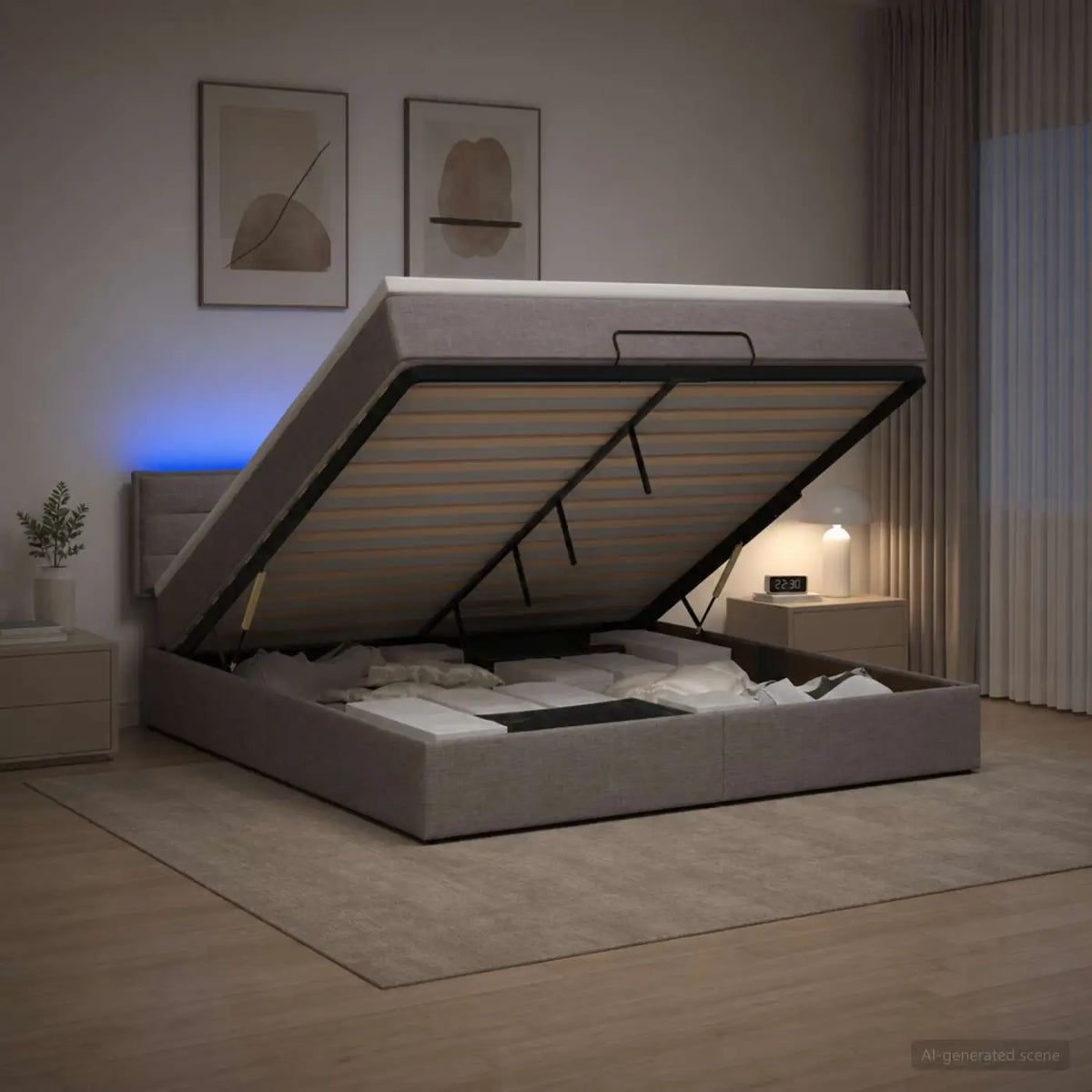 Lit coffre avec matelas et LED Taupe 140 x 190 cm Tissu - XIOS