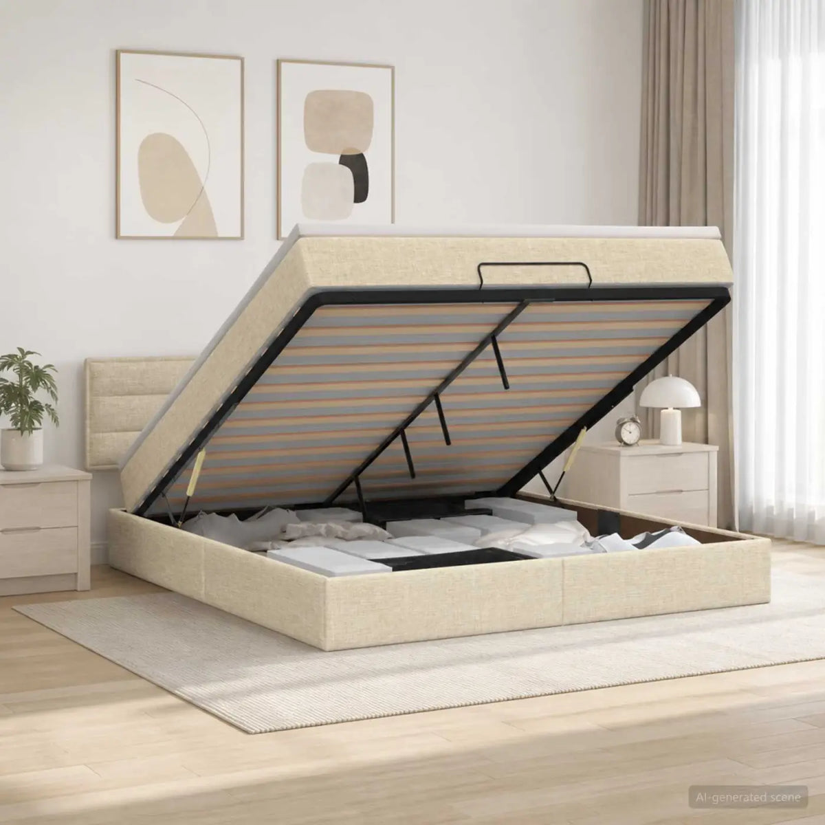 Lit ottoman avec matelas Crème 140 x 190 cm Tissu - XIOS