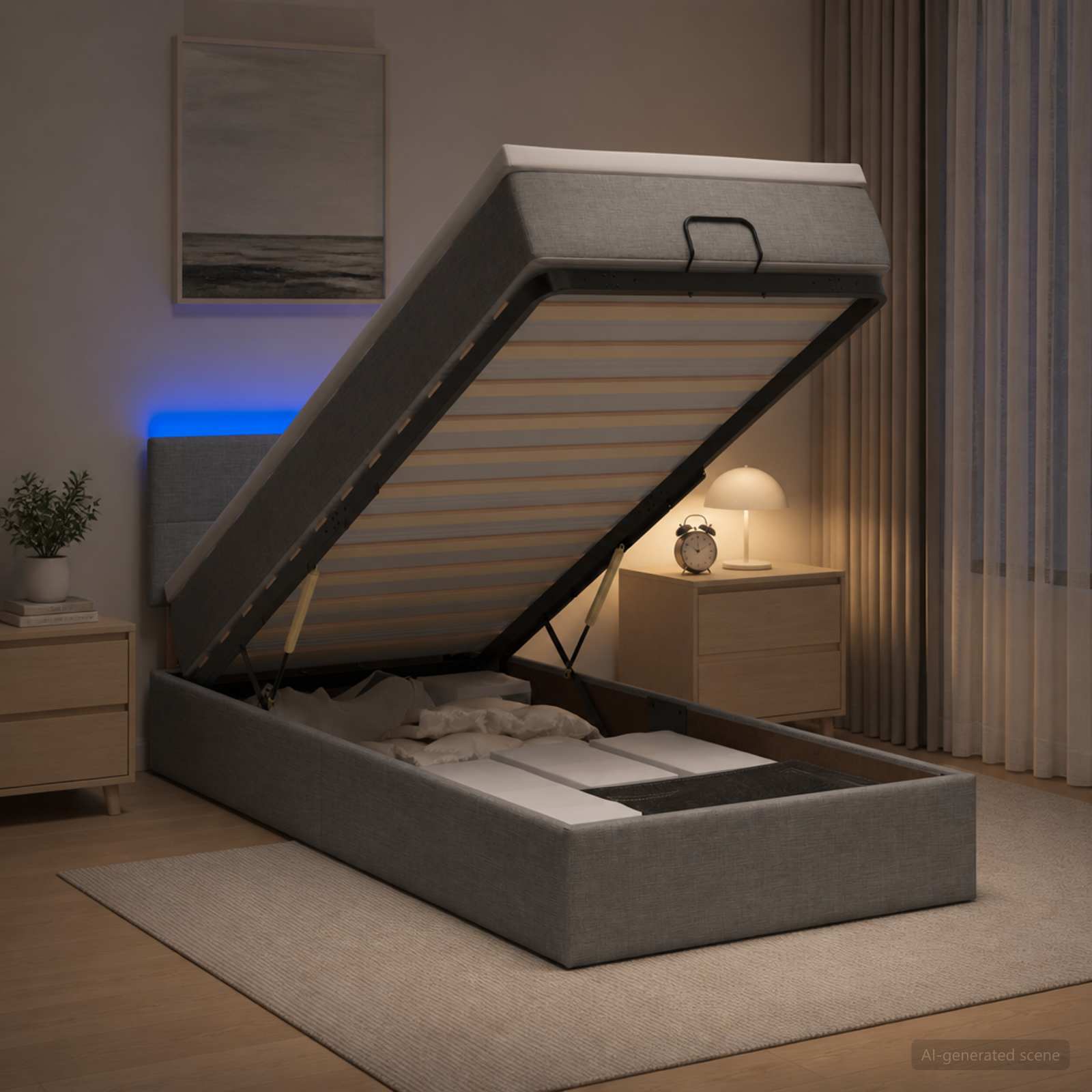 Lit coffre avec matelas et LED Gris clair 100 x 200 cm Tissu