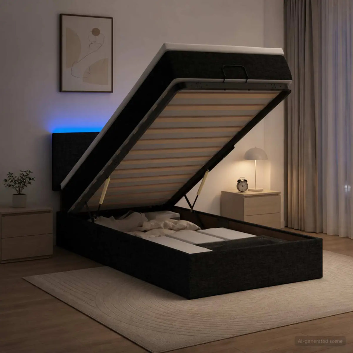 Lit coffre avec matelas et LED Noir 90 x 190 cm Tissu - XIOS