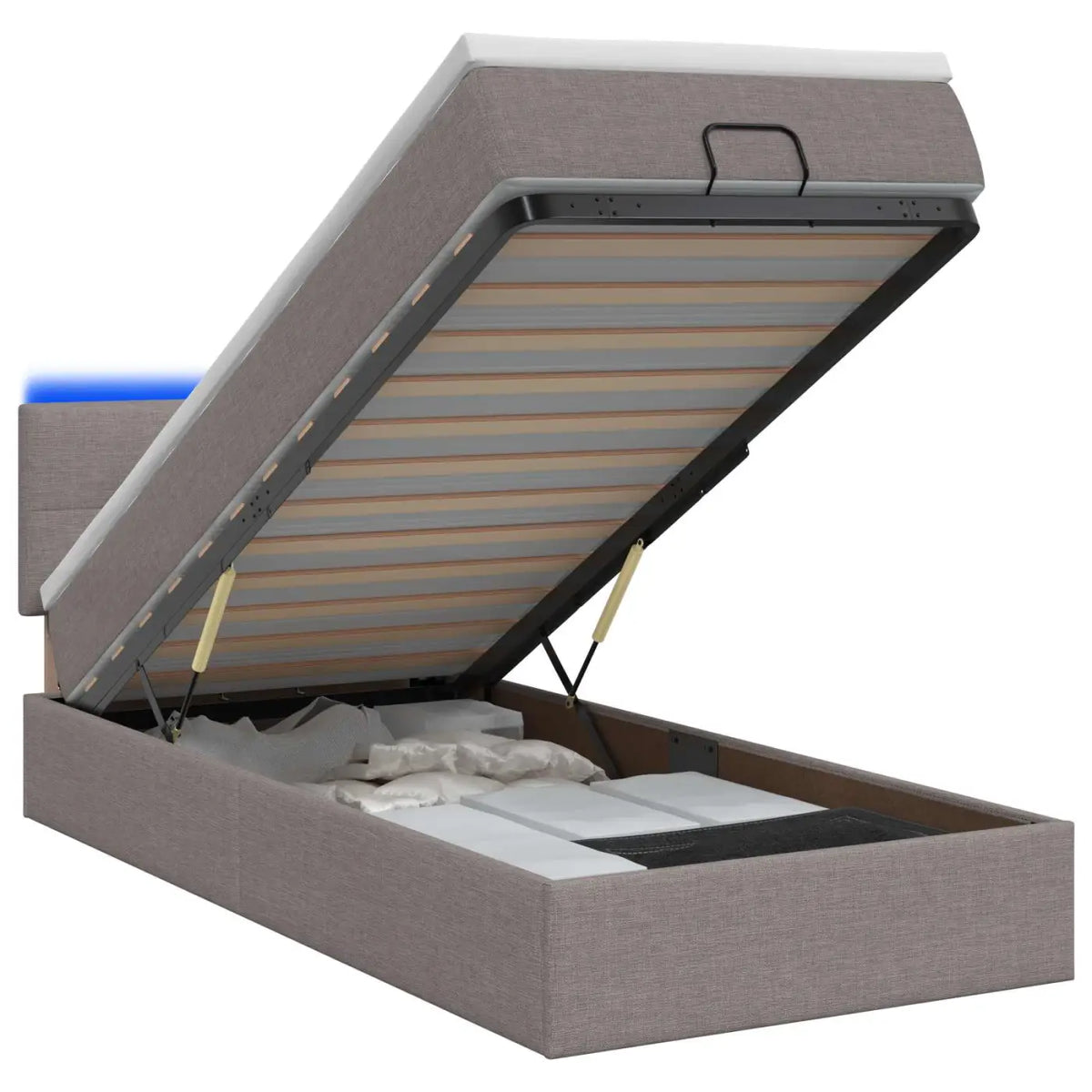 Lit coffre avec matelas et LED Taupe 90 x 190 cm Tissu - XIOS