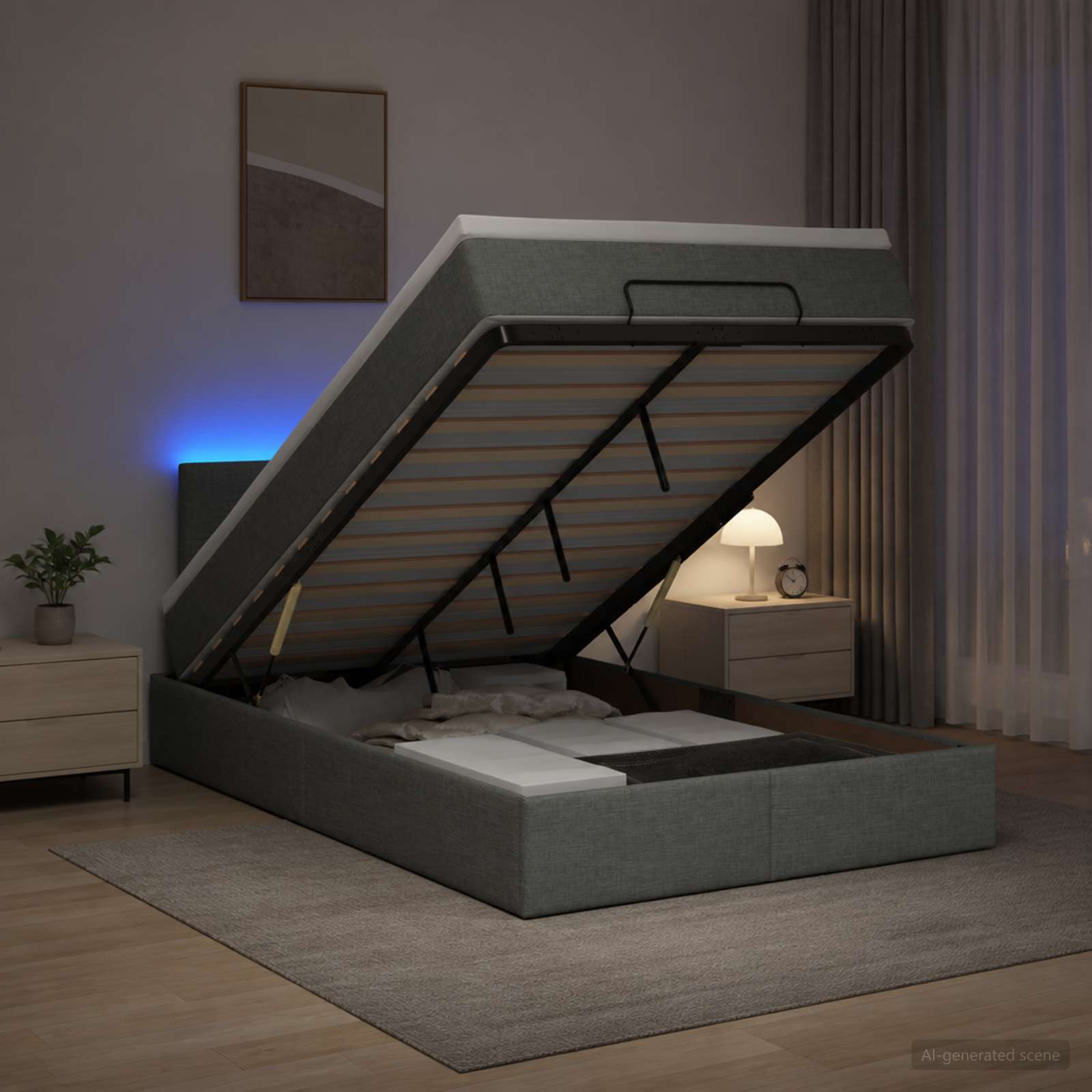 Lit coffre avec matelas et LED Gris foncé 120 x 190 cm Tissu