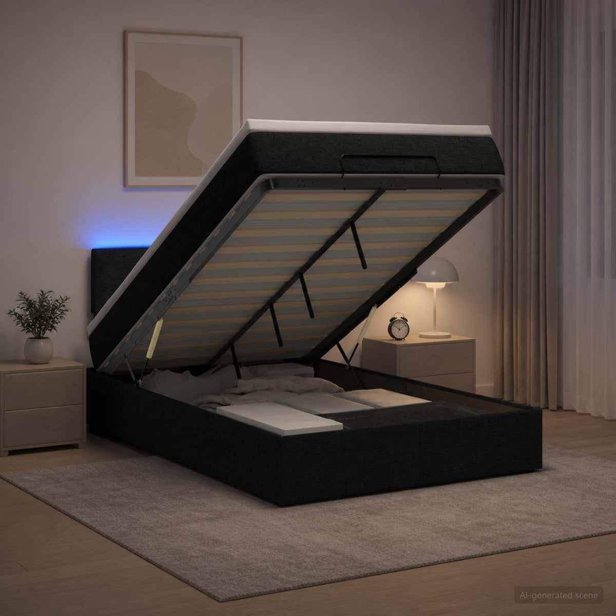 Lit coffre avec matelas et LED Noir 120 x 190 cm Tissu