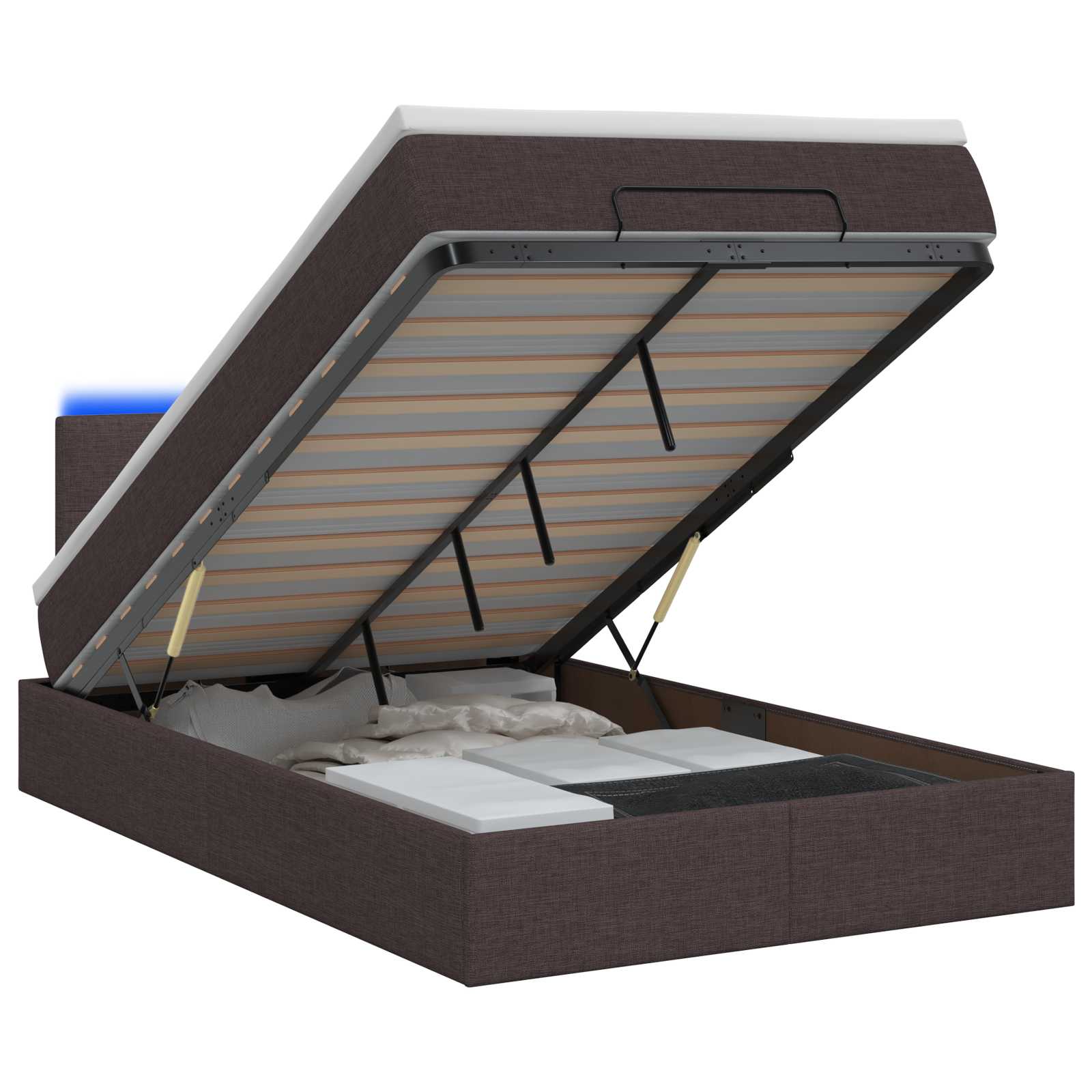 Lit coffre avec matelas et LED Marron foncé 120 x 190 cm Tissu