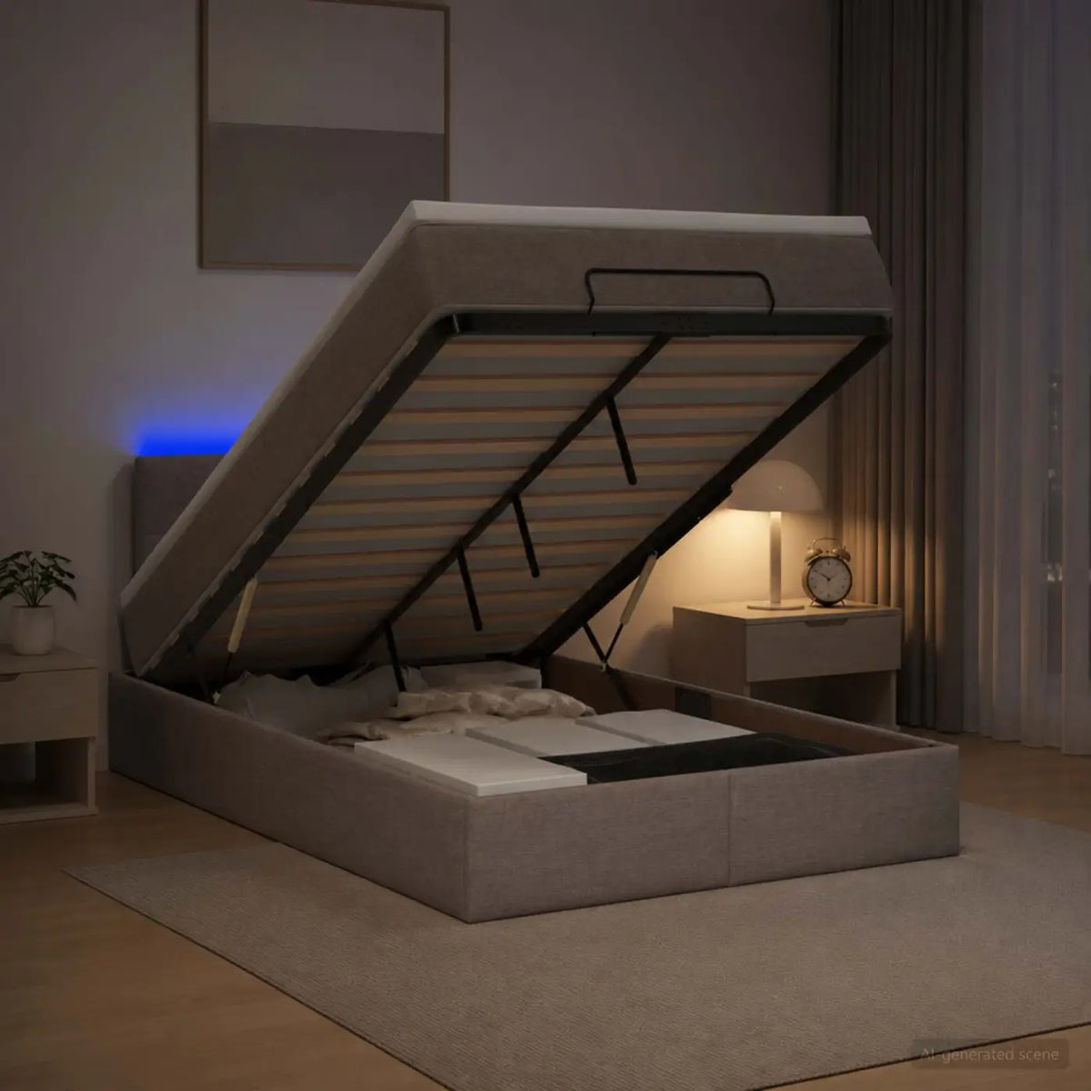 Lit coffre avec matelas et LED Taupe 120 x 200 cm Tissu - XIOS