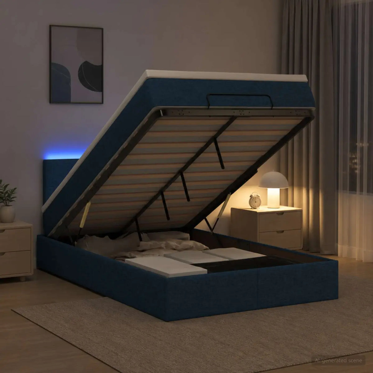 Lit coffre avec matelas et LED Bleu 120 x 200 cm Tissu - XIOS