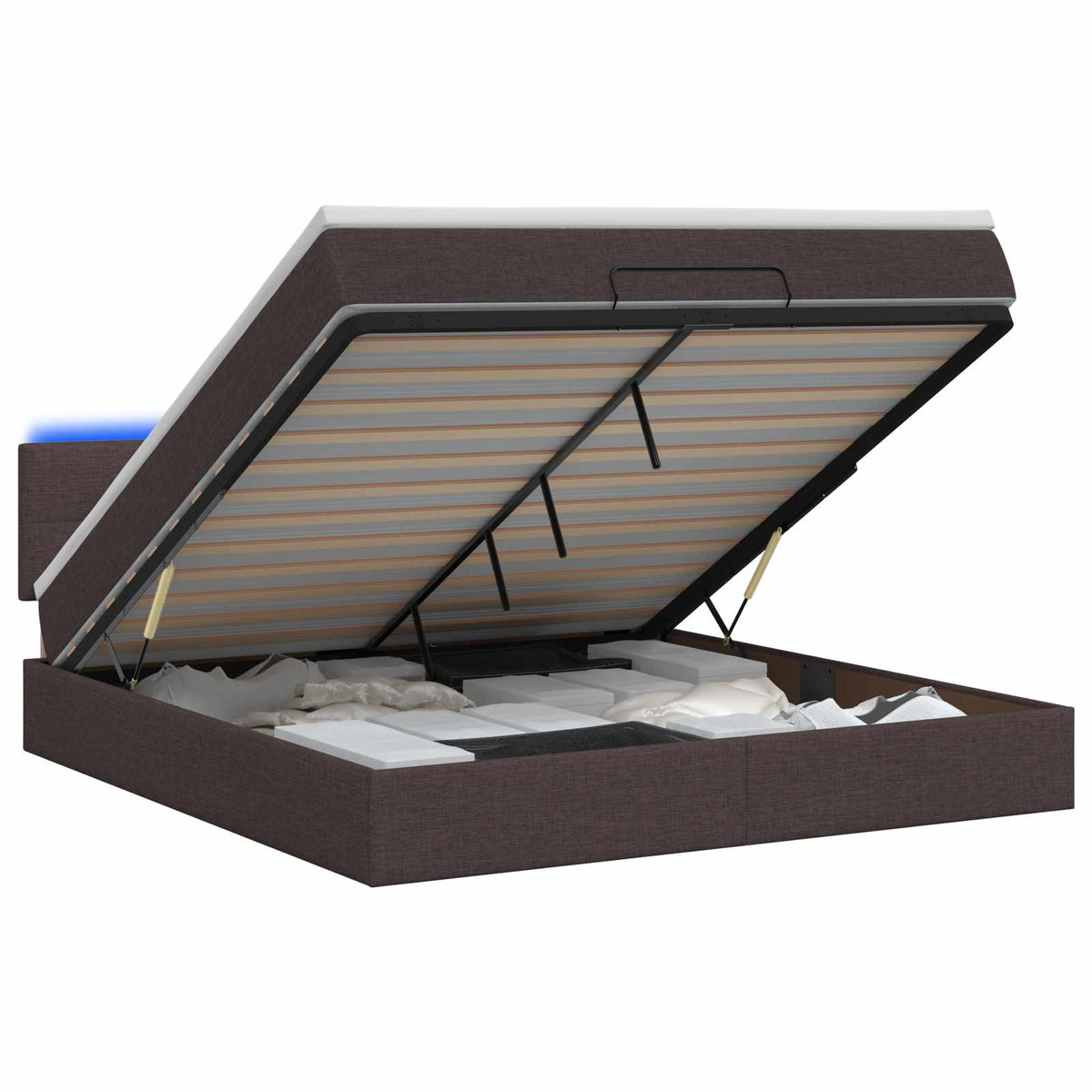 Lit coffre avec matelas et LED Marron foncé 140 x 190 cm Tissu