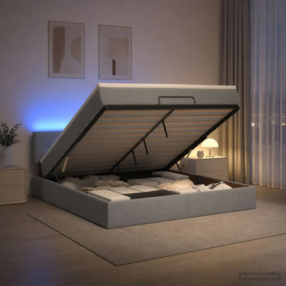 Lit coffre avec matelas et LED Gris clair 140 x 200 cm Tissu - XIOS