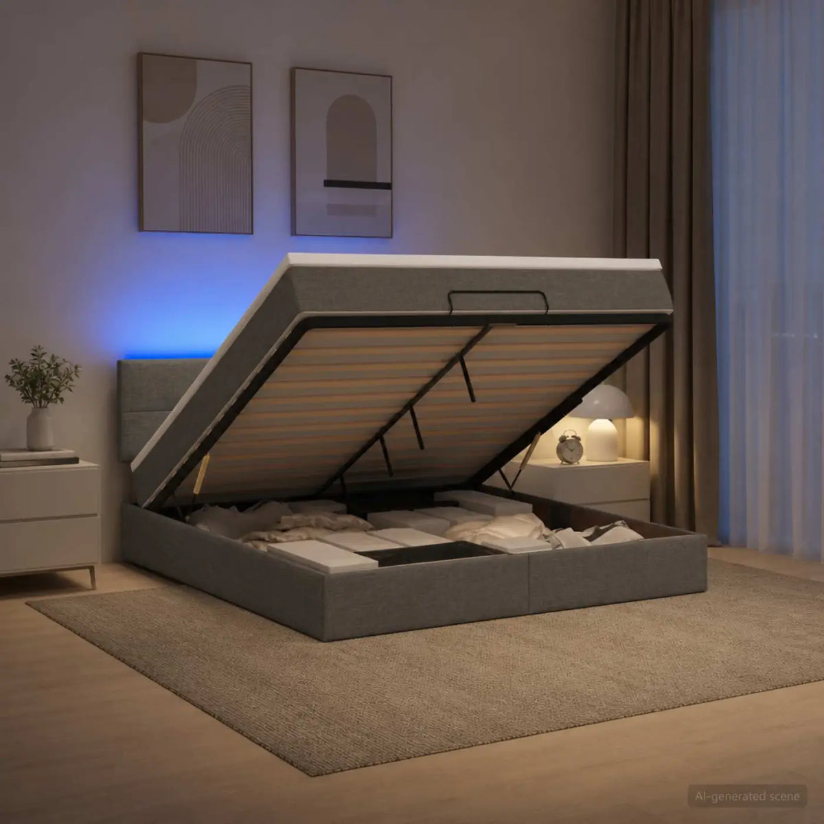 Lit coffre avec matelas et LED Gris foncé 140 x 190 cm Tissu - XIOS