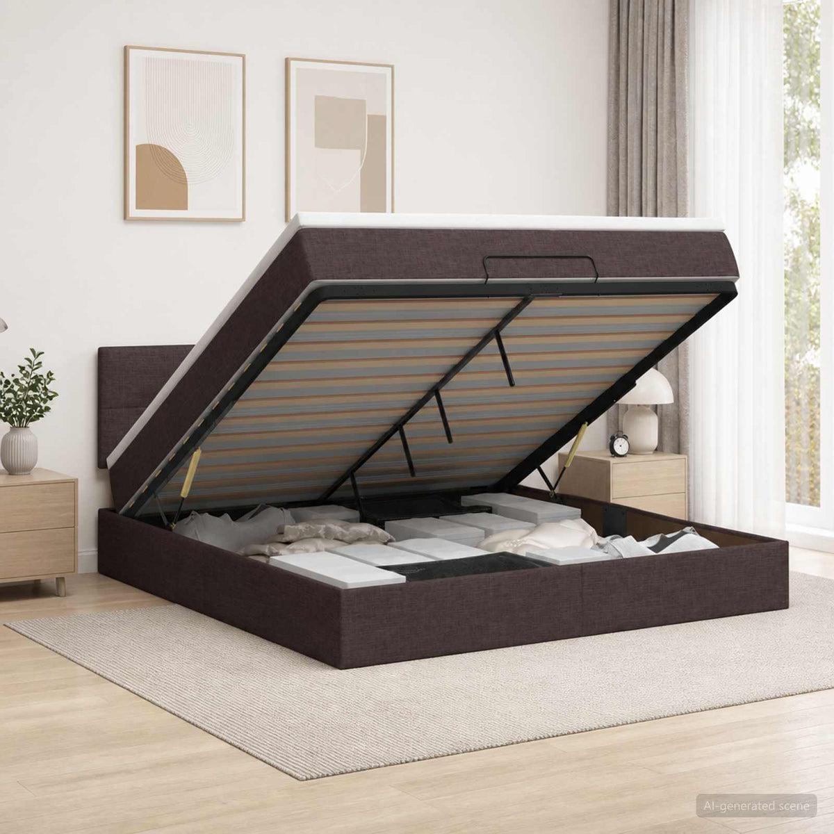 Lit ottoman avec matelas Marron foncé 140 x 190 cm Tissu