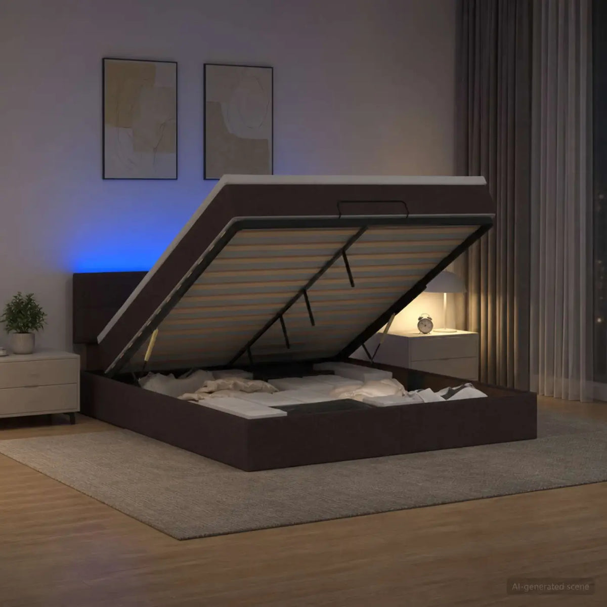 Lit coffre avec matelas et LED Marron foncé 140 x 200 cm Tissu - XIOS