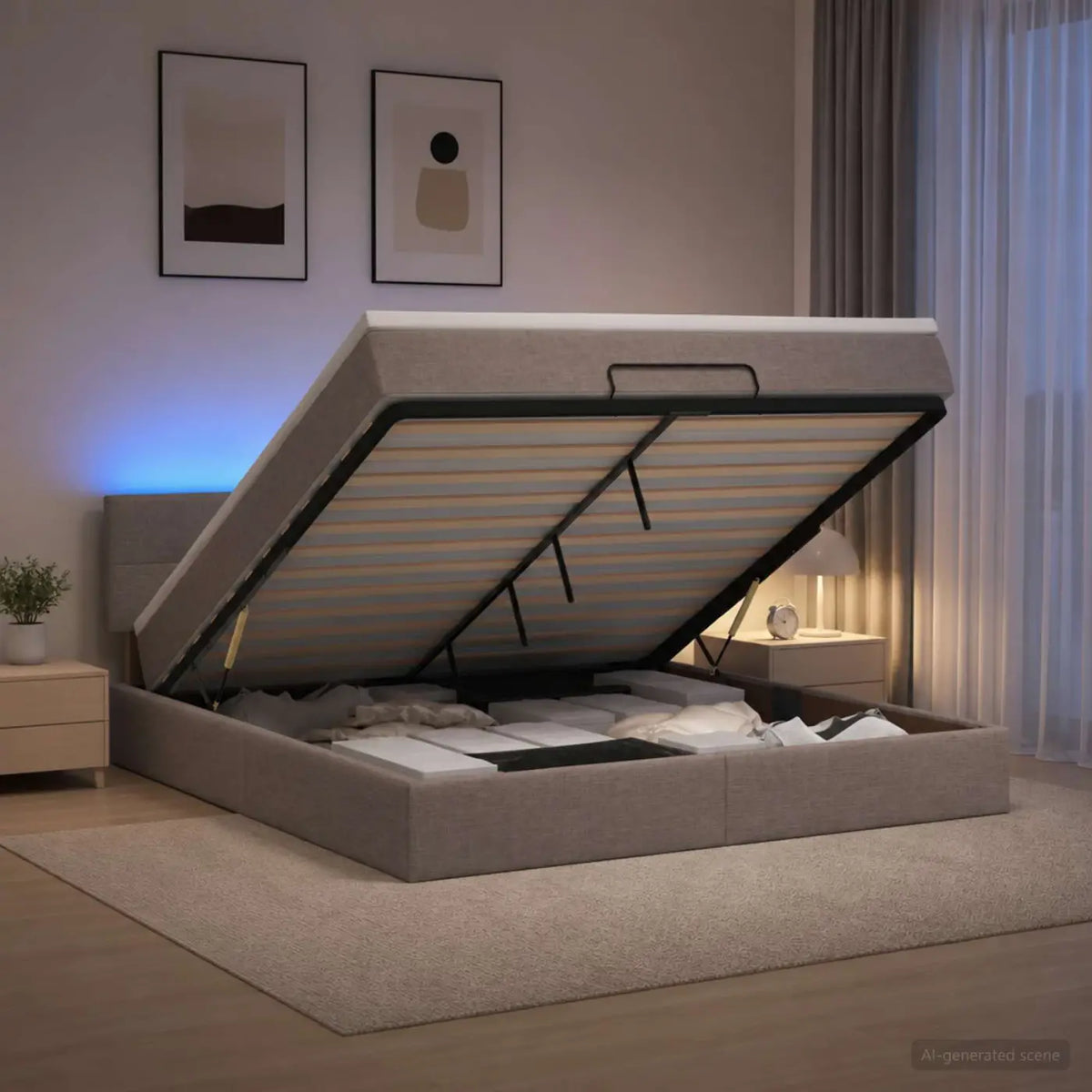 Lit coffre avec matelas et LED Taupe 140 x 190 cm Tissu - XIOS