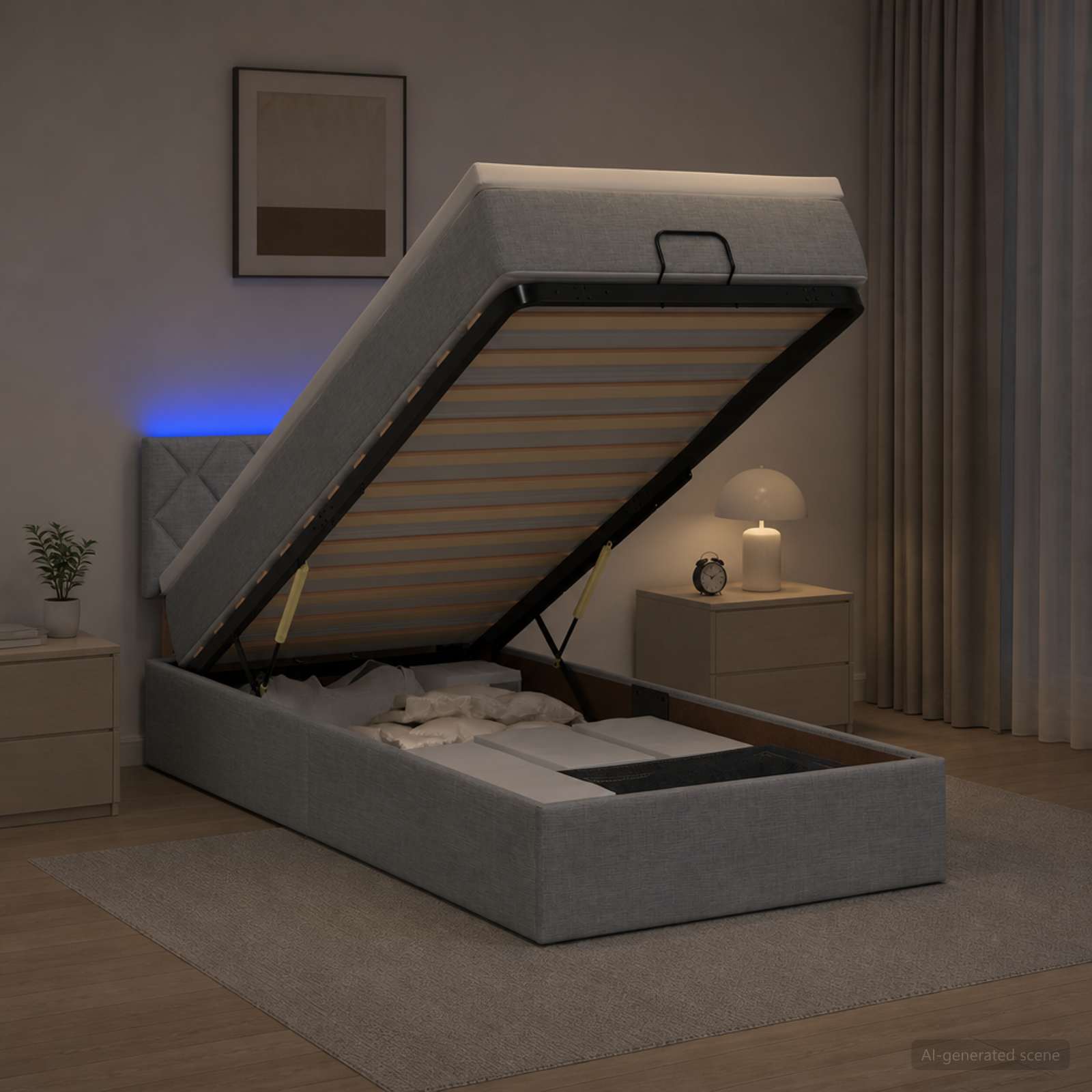 Lit coffre avec matelas et LED Gris clair 100 x 200 cm Tissu