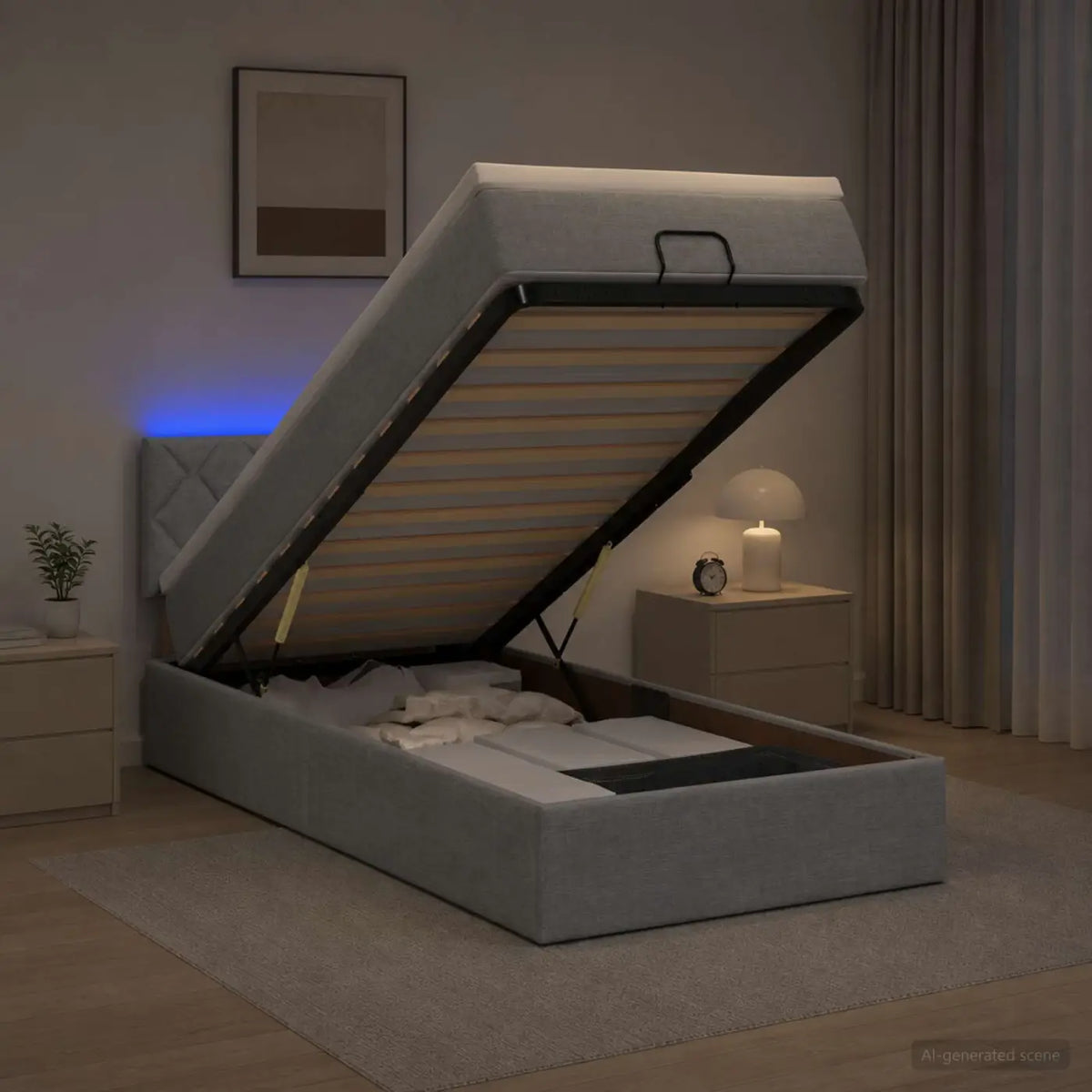 Lit coffre avec matelas et LED Gris clair 80 x 200 cm Tissu - XIOS