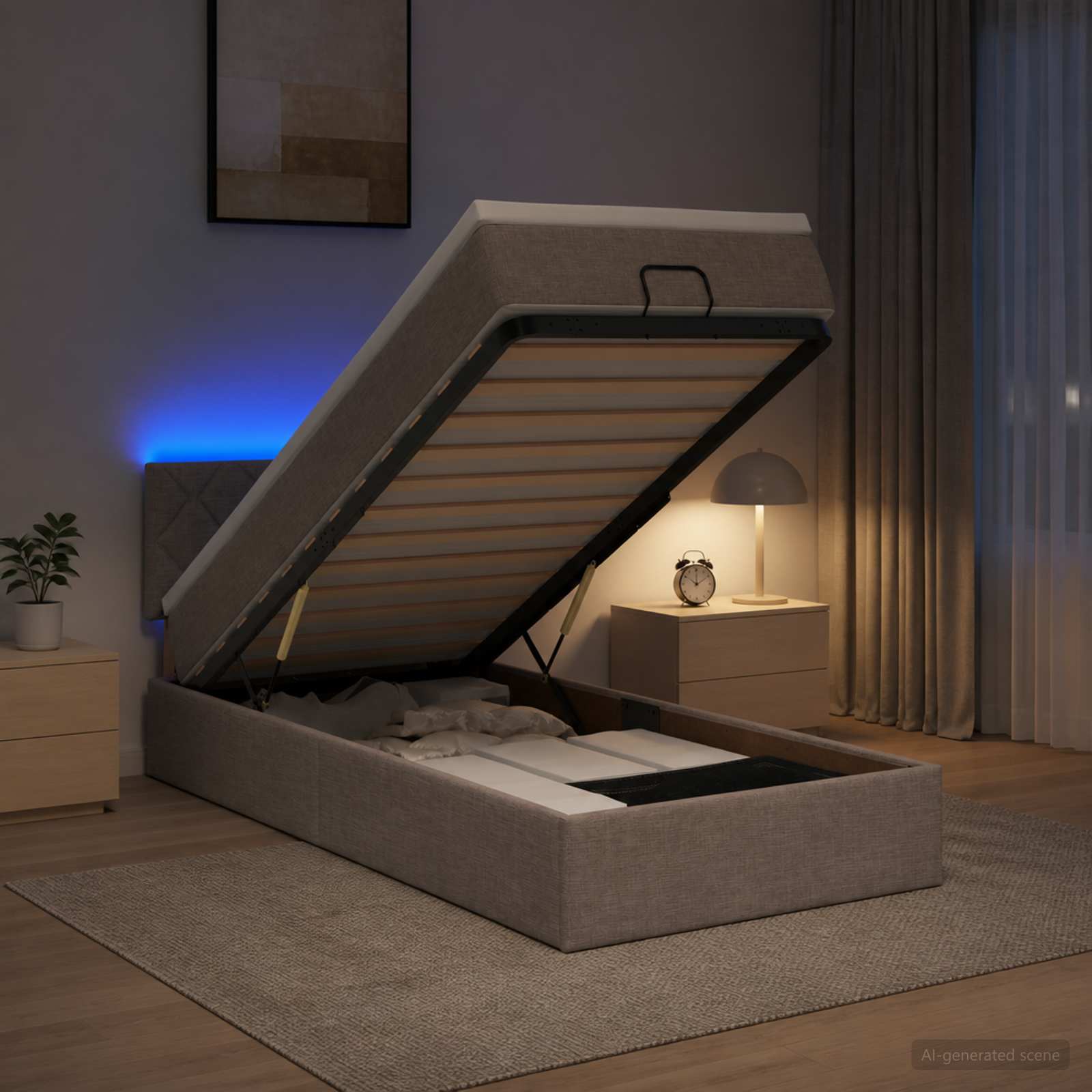 Lit coffre avec matelas et LED Taupe 100 x 200 cm Tissu