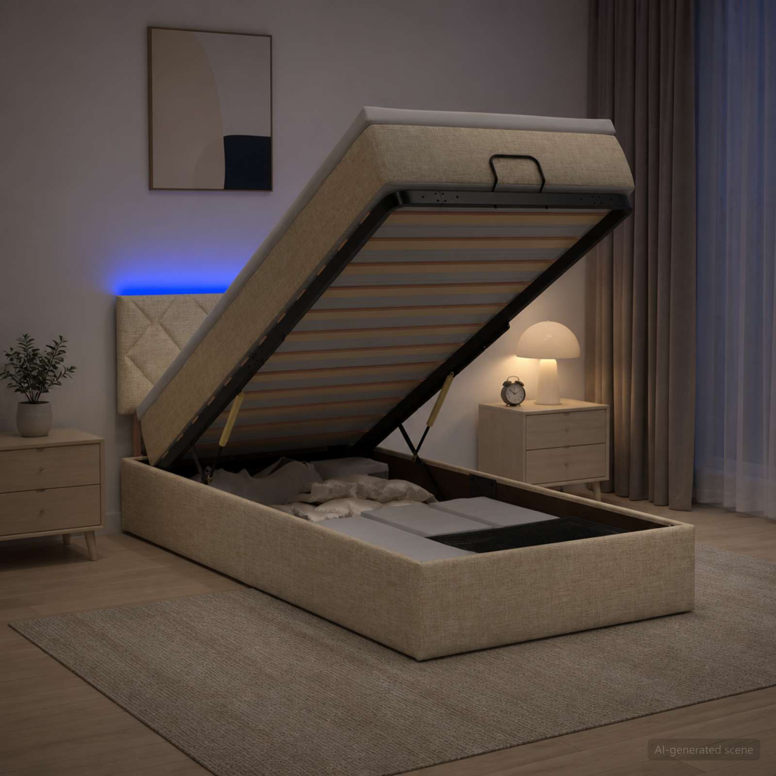 Lit coffre avec matelas et LED Crème 100 x 200 cm Tissu