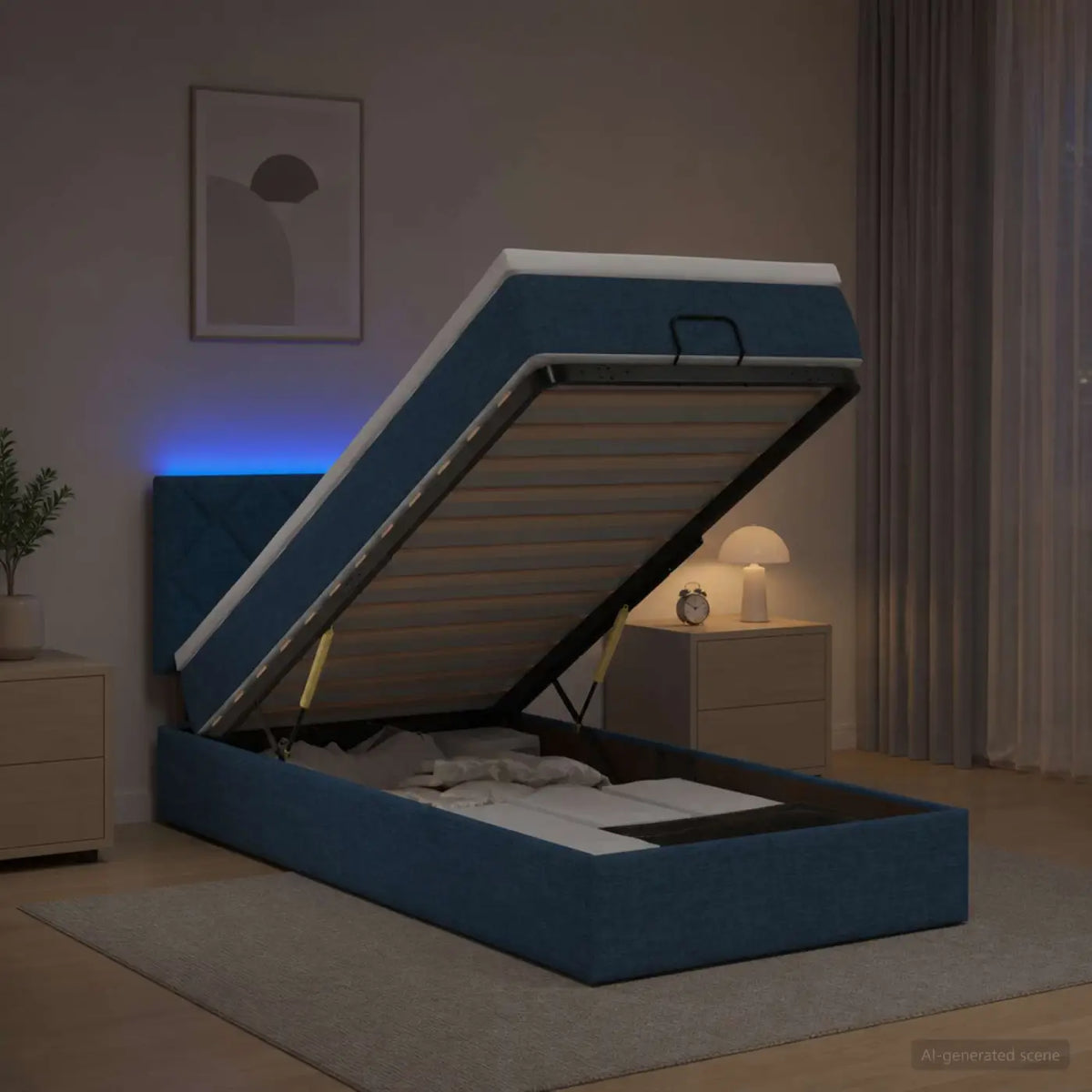 Lit coffre avec matelas et LED Bleu 80 x 200 cm Tissu - XIOS