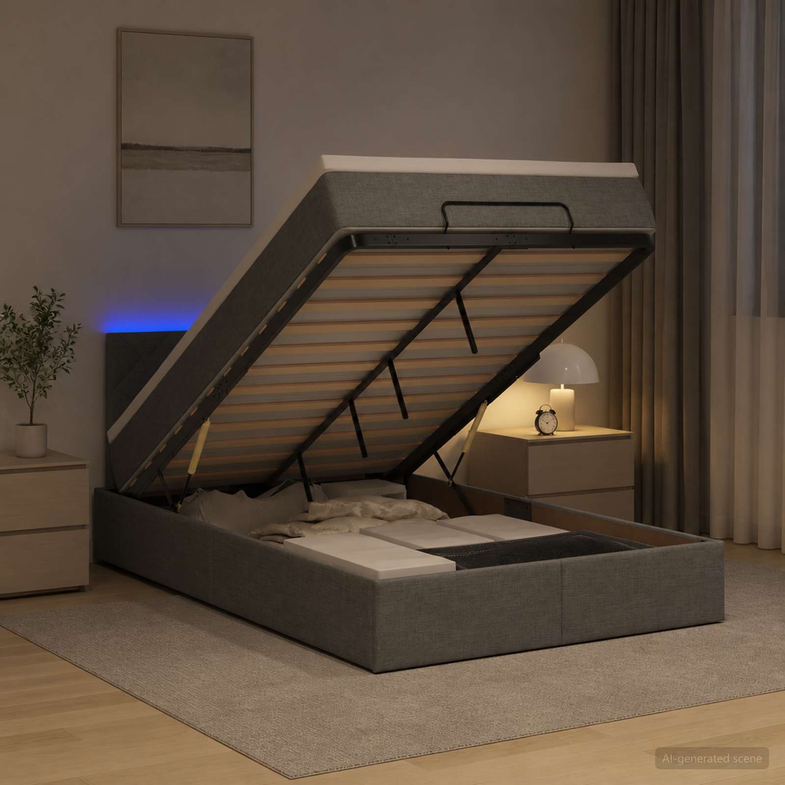 Lit coffre avec matelas et LED Gris foncé 120 x 200 cm Tissu