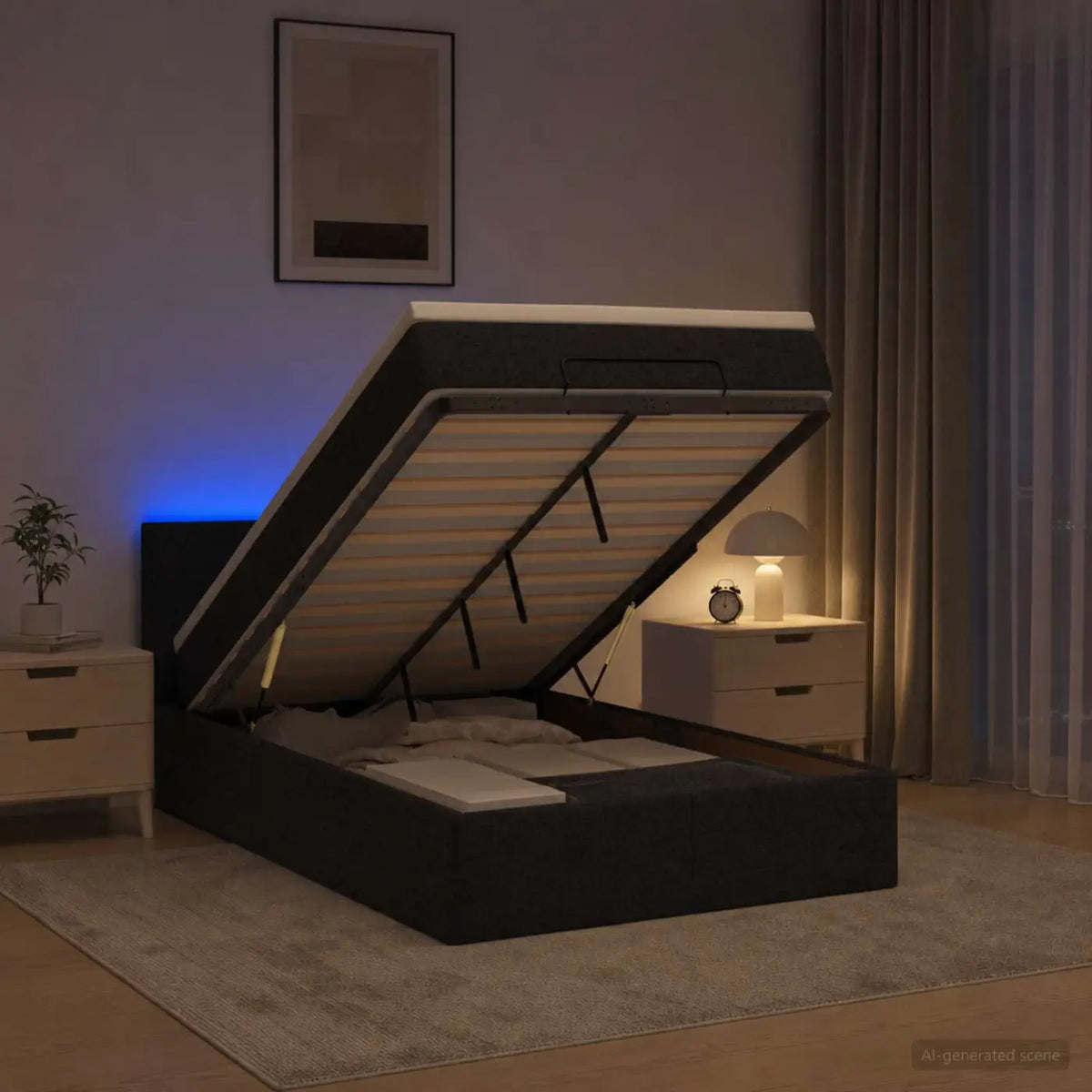 Lit coffre avec matelas et LED Noir 120 x 200 cm Tissu - XIOS