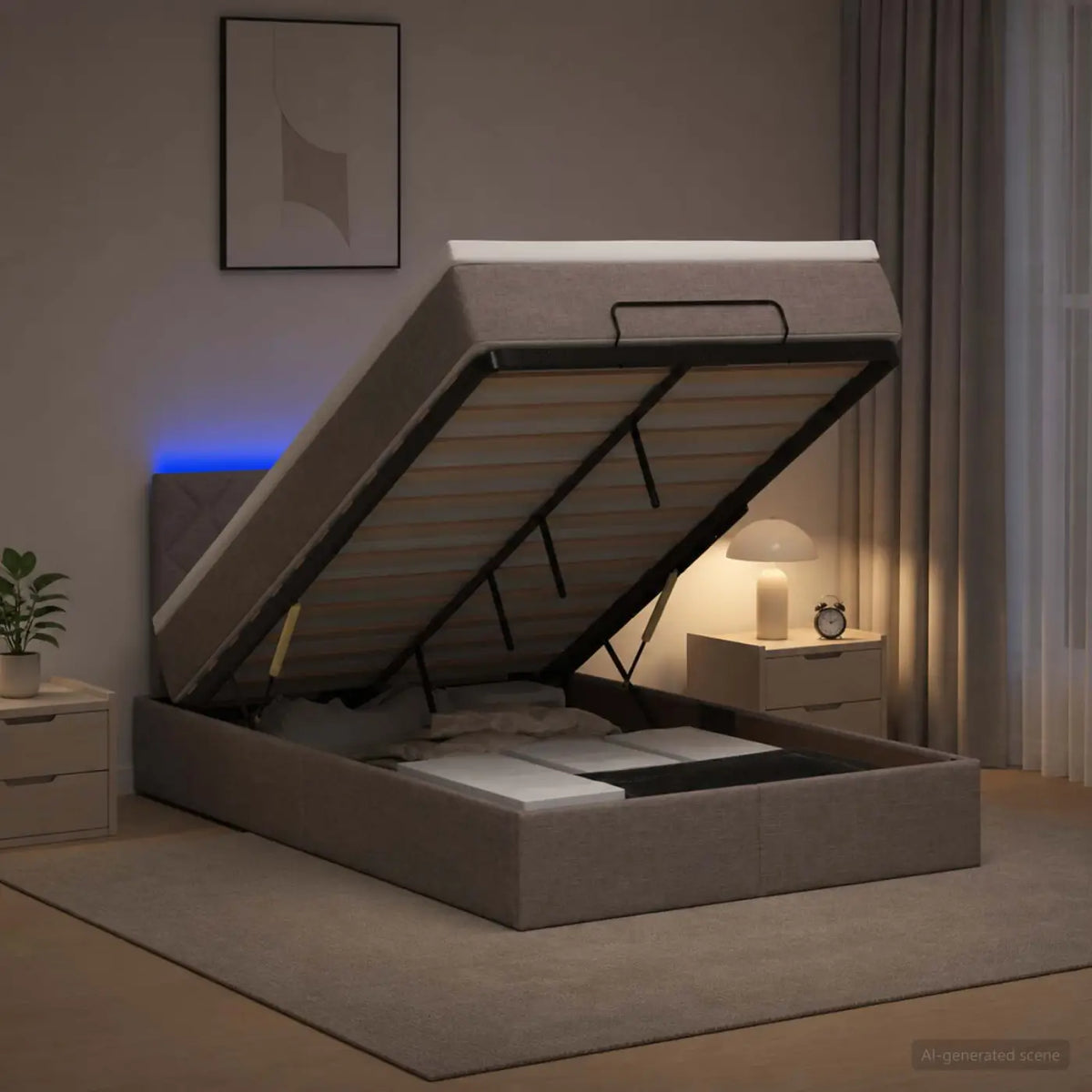 Lit coffre avec matelas et LED Taupe 120 x 190 cm Tissu - XIOS
