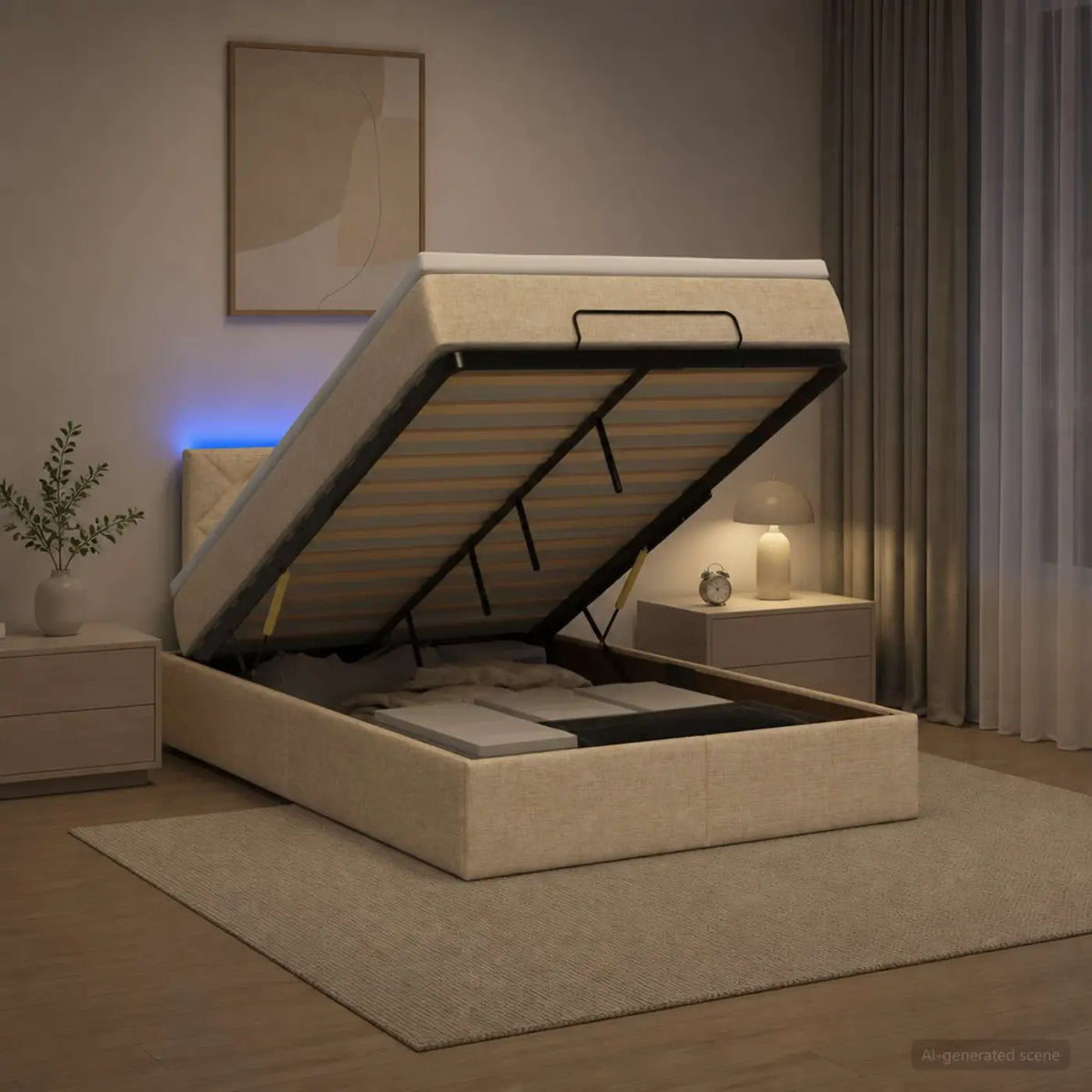 Lit coffre avec matelas et LED Crème 120 x 190 cm Tissu - XIOS