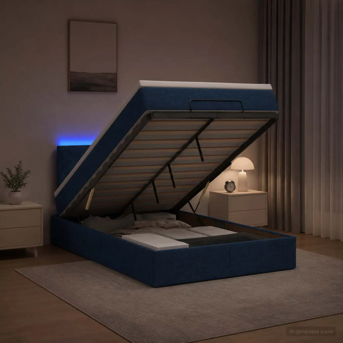 Lit coffre avec matelas et LED Bleu 120 x 190 cm Tissu - XIOS