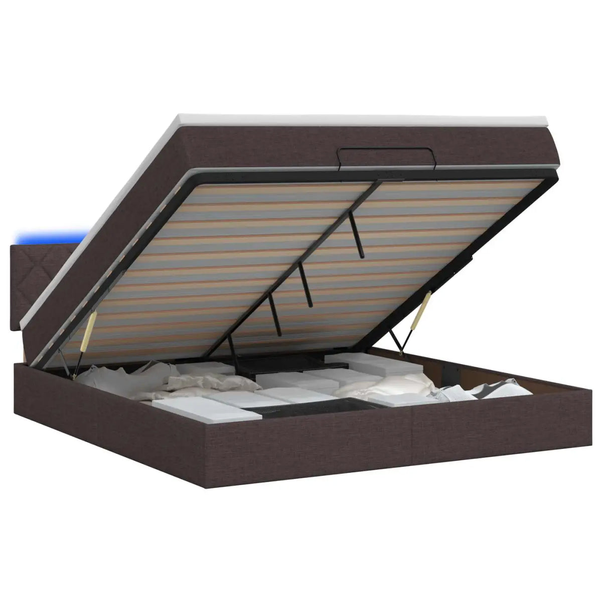 Lit coffre avec matelas et LED Marron foncé 140 x 200 cm Tissu - XIOS