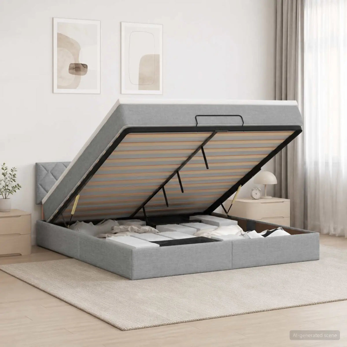 Lit coffre avec matelas et LED Gris clair 140 x 190 cm Tissu - XIOS